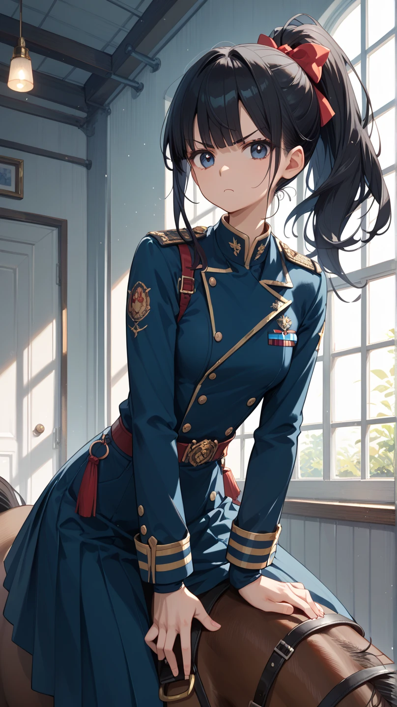 One Girl, alone, Laura S... Alseid (Long dark blue hair, Ponytail and side bangs, Small breasts), (Inspired by the cold steel road) In uniform, M-shaped legs,Plain white panties, At the Military Academy, Embarrassing,A large number of people々,Looking away,Huge breasts,Nipples,Revealing everything,Exposed in public