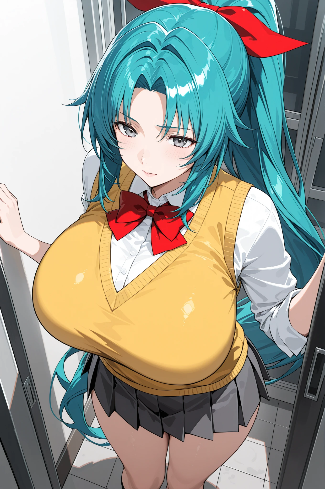 ((A nude girl with bouncing super colossal breasts showing armpits)), both hands clasped behind the head, ((she is topless and wearing the pleated skirt)), ((top-quality, master piece, ultra-definition, high resolution)), anime girl, ((ultra-detailed illust:1.2)), only one person, bangs, hair between eye, green colored hair, beautiful hair, blue colored eyes, Shiny eyes, ((highlight in the eyes)), ((detailed eyes:1.2)), ((super gigantic breasts:1.3)), ((bouncing breasts:1.3)), motion blur, ((Give the breasts a blur effect:1.5)), huge tits, Soft breasts, cleavage of the breast, show breasts, breasts exposed, ((erected nipples)), underboob, shiny thighs, belly button, belly exposed, blushing, big smile, opened mouth, in the classroom, ((view from front))