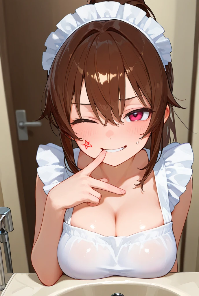 nsfw,hyperrealistic anime,curvy gyaru,tanned gyaru,at home,dark brown hair,pov handjob,look at viewer,earring,(bukkake on face),(holding ????? in hand,licking a penis),off-the -shoulder blouse,,at public restroom,winking,adult seductive woman