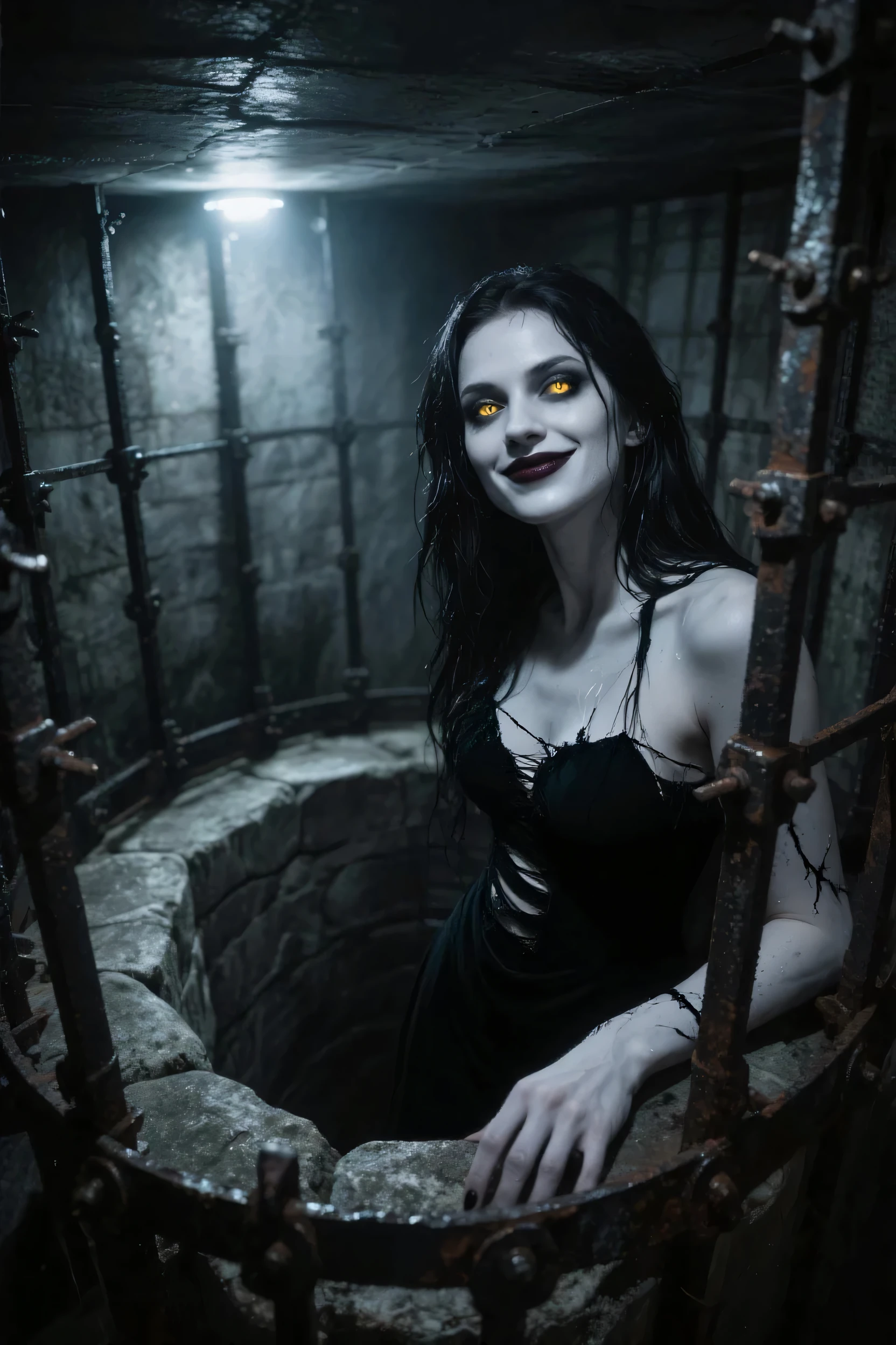 The basement, surrounded by rusty black iron with countless iron wedges driven into it, is dark, eerie, rugged, and cold. Only the stone well in the center of the room gives off a strange, out-of-place feeling. A beautiful ghostly woman is holding onto the edge of the well and is about to crawl out, looking at us with a mysterious smile. Her long, messy black hair, golden eyes, and dark full lips are alluring, and her pigment-free, albino-like white skin is mysteriously lit up by the mysterious indirect lighting from an unknown source, and is slippery with oil. Her voluptuous, lustful body is what men like, and even though my reason is warning me that she is obviously a dangerous partner, my lustful carnal desire, captivated by the woman's figure right in front of me at close range, is telling me to get close to her and embrace her. , A Bewitching evil Femme fatale, Completely nude, Glamor, soft and curvy, unparalleled beauty, sticky wet black hair, forehead, arched eyebrows, double eyelids, golden shiny eyes, beautiful and slender nose, beautiful nostrils, sensual full lips, dark lipstick, glossy lips, open mouth, Vampire Fangs, neck, collarbone, shoulders, cleavage, saggy huge breasts, wet skin, black nails, (seductive smile:1.3), Horror-style lighting on the face from below, From the front, straight on, face and upper body are clearly visible, looking at us, perfect anatomy, ideal facial features, ideally proportioned figure, perfectly beautiful body, super detailed skin, glossy skin, masterpiece, incredibly absurd res, absolutely resolution, ultra high res, professional, vivid colors.