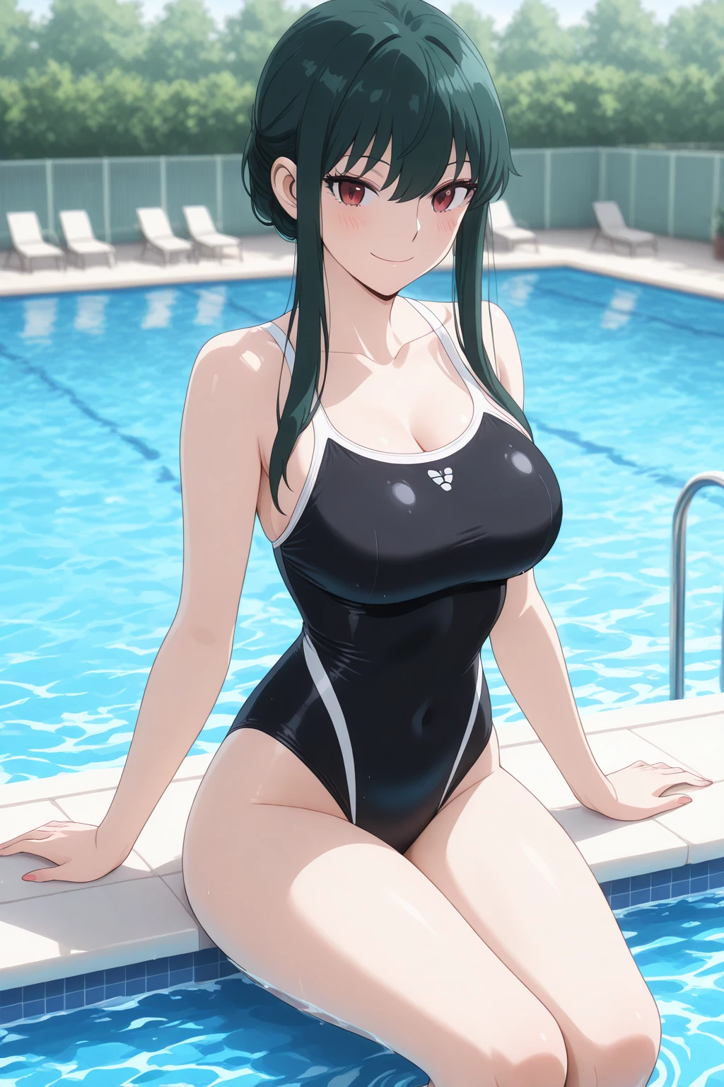ultra realistic 8k cg, masterpiece, (( intricate detail, highly detailed, fine details best quality, hyperdetailed face)), gigantic breasts ,beautiful lighting, absurdres, BoaHancockV2, 1girl, solo, red hair, long hair, jewelry, closed mouth, ), (tight bikini, swimsuit, cleavage, bare shoulders, curvy, midriff, curvy, thighs, shiny clothes), blue eyes, (complex detailed background, outside, outdoor pool), ((cowboy shot)), curvy, (gigantic breasts: 1.1), seductive smile, cowboy shot,
