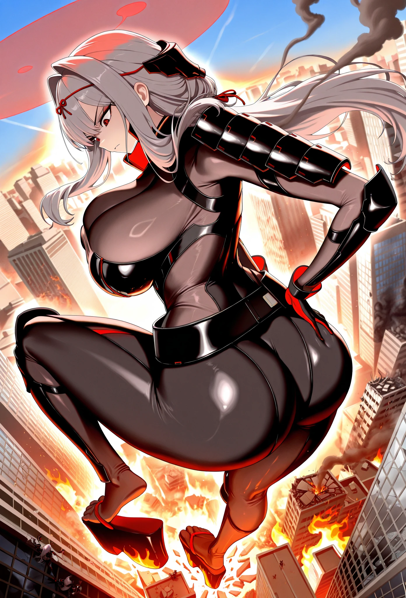(full body/standing: 1.5). (({yamato})), ((in a futuristic city completely destroyed with flames coming out of the destroyed buildings)). {yamato}:wearing (((maid outfit/black+white skirt:1.2))), (((extremely tight clothing:1.5))), ((looking at the viewer, wide smile)), (extremely large breasts:2), ((doing sexy poses:1.5)) ((holding a long black rifle)). Hyper-realism, anime, 16k, UHD, masterpiece, best quality, high details.