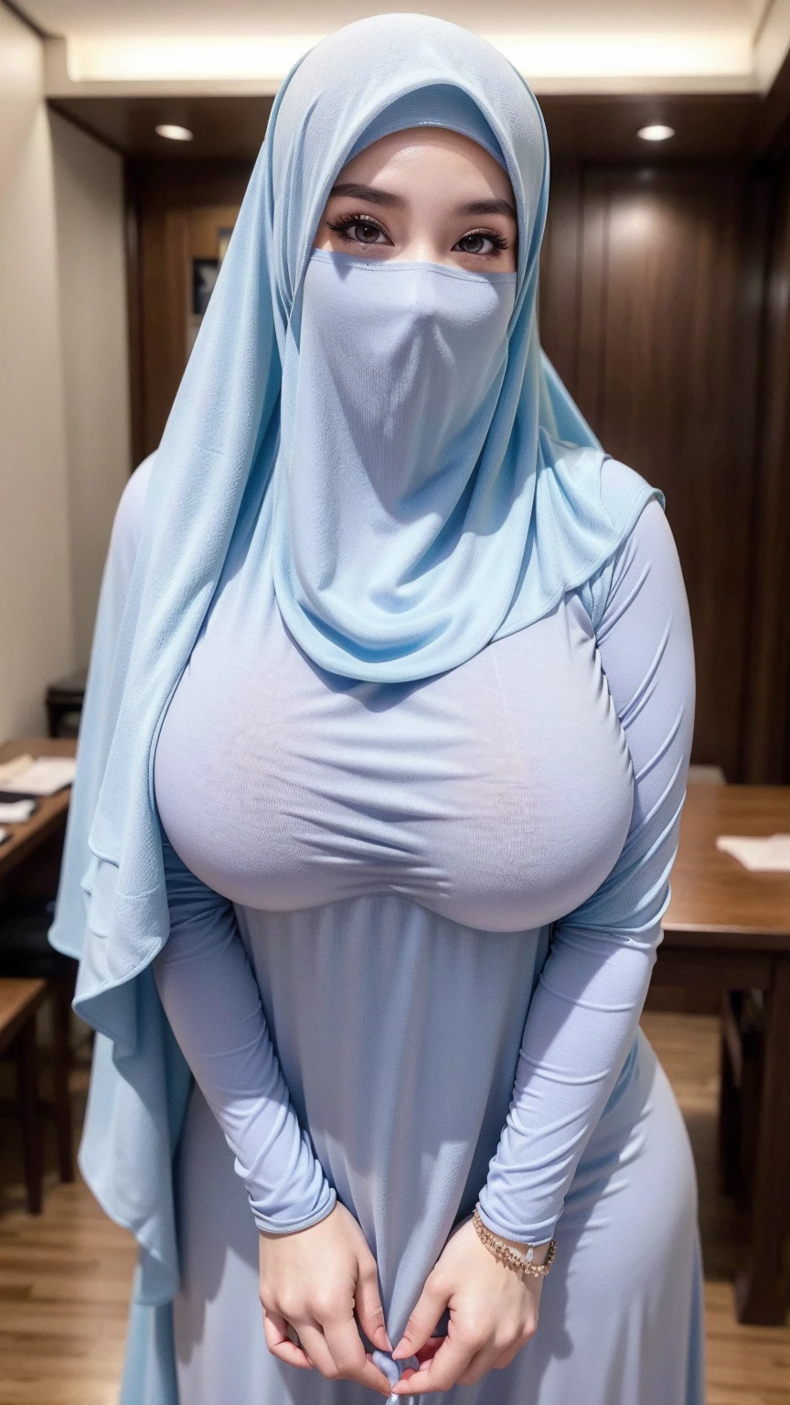 Jumbo (Oversized), Chubby adorable, 1 girl, (face to face), , baby face, angry face expression, half body portrait, (face details: 1), (eye details: 1), ((big breasts)). wearing transparent transparency soft long shirt, hijab, .. Cute posed. proportional body. Ultra High Res. realistic: 1.4, UHD, ((flowers pattern)), ((Bigger:2.3)), (((WHITE BACKGROUND)))