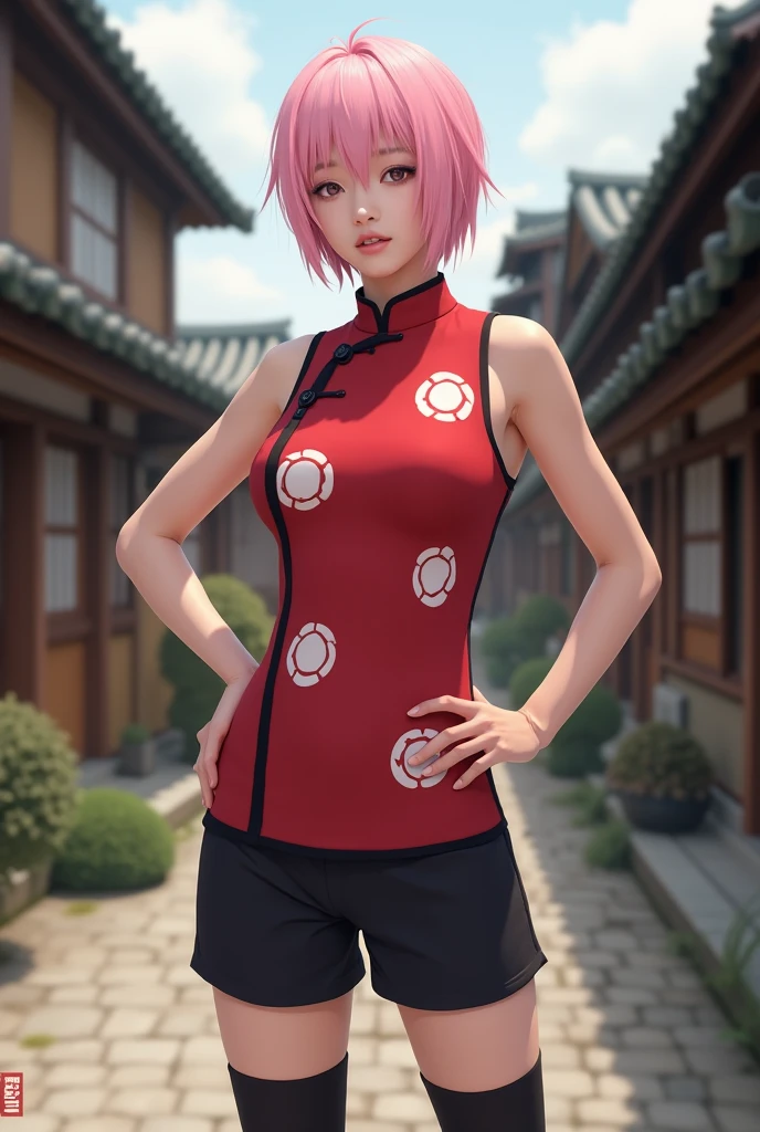 (masterpiece, best quality:1.2), solo, 1girl, harunonewera, forehead mark, smile, looking at viewer, hand on hip, hairband, china dress, black sash, silk shawl, sleeveless 