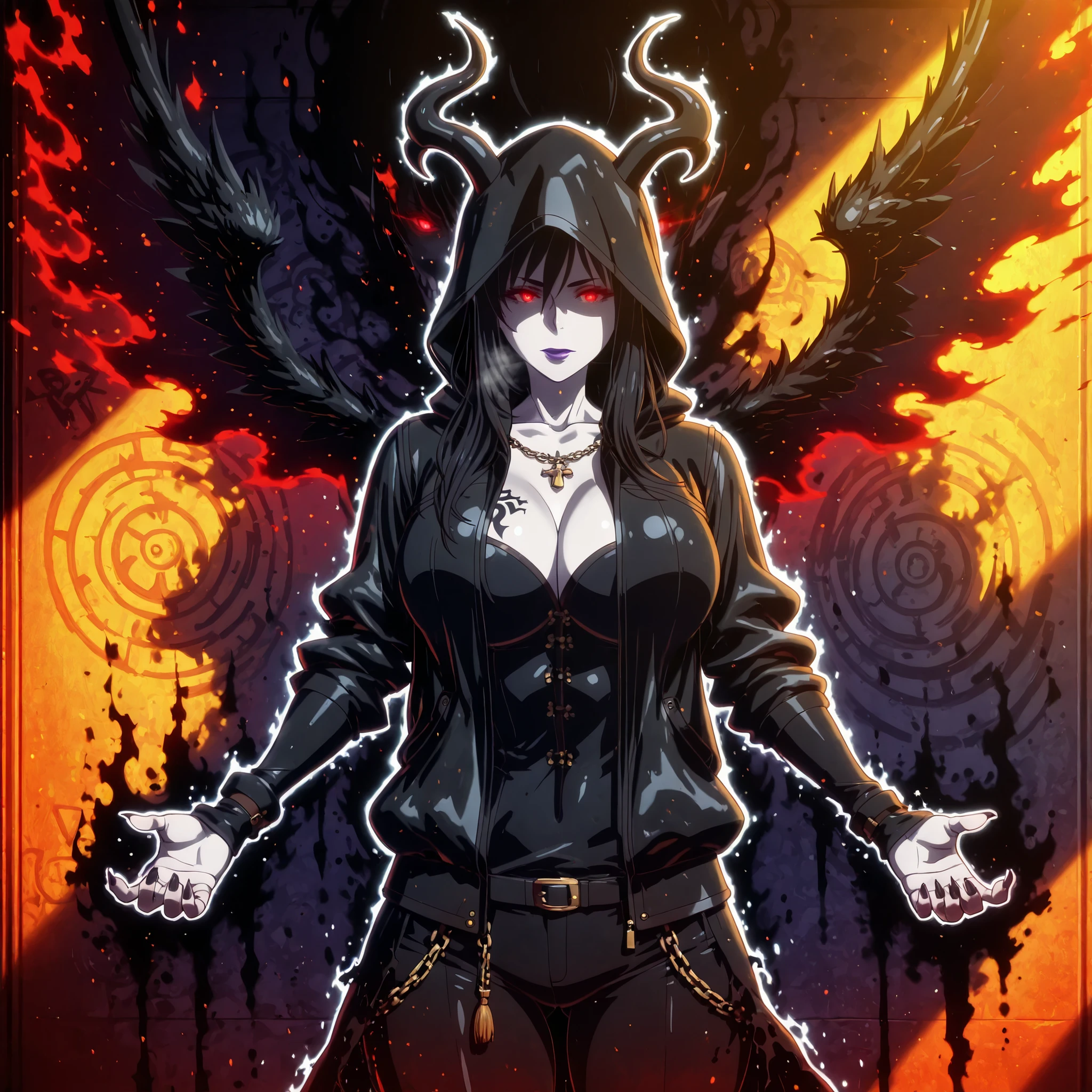 (jam-orbital-style:1.2), (zonda_(solid_air)-style:1.2), ((anatomical correct)), ((Cinematic, unreal engine, eye-catching, ambient occlusion, UHD, masterpiece)), ((perfect lighting, soft shadow)), perfect body, perfect eyes, perfect fingers, gasping, heavy breathing, gasping profusely, ((skindentation)), ((curvy)), enigma, vampire, long hair, ((black hair)), hair between eyes, red eyes, pale skin, purple lips, lipstick, pointy ears, big breasts, (voluptuous:1.5), (mature female:1.5), ((white outline)), (aura), (black aura:1.2), hood, horns, hood_up, 1girl, claws, jacket, solo, open_jacket, chain, open_clothes, cowboy_shot, standing, fingernails, hooded_jacket, monster, zipper, tattoo, sharp_fingernails, graffiti, pants, jewelry, gradient, glowing, hoodie, necklace, looking_at_viewer, eldritch_abomination, demon, torn_clothes, facing_viewer, gradient_background, wings, ((dark aura, black aura)), glowing eyes