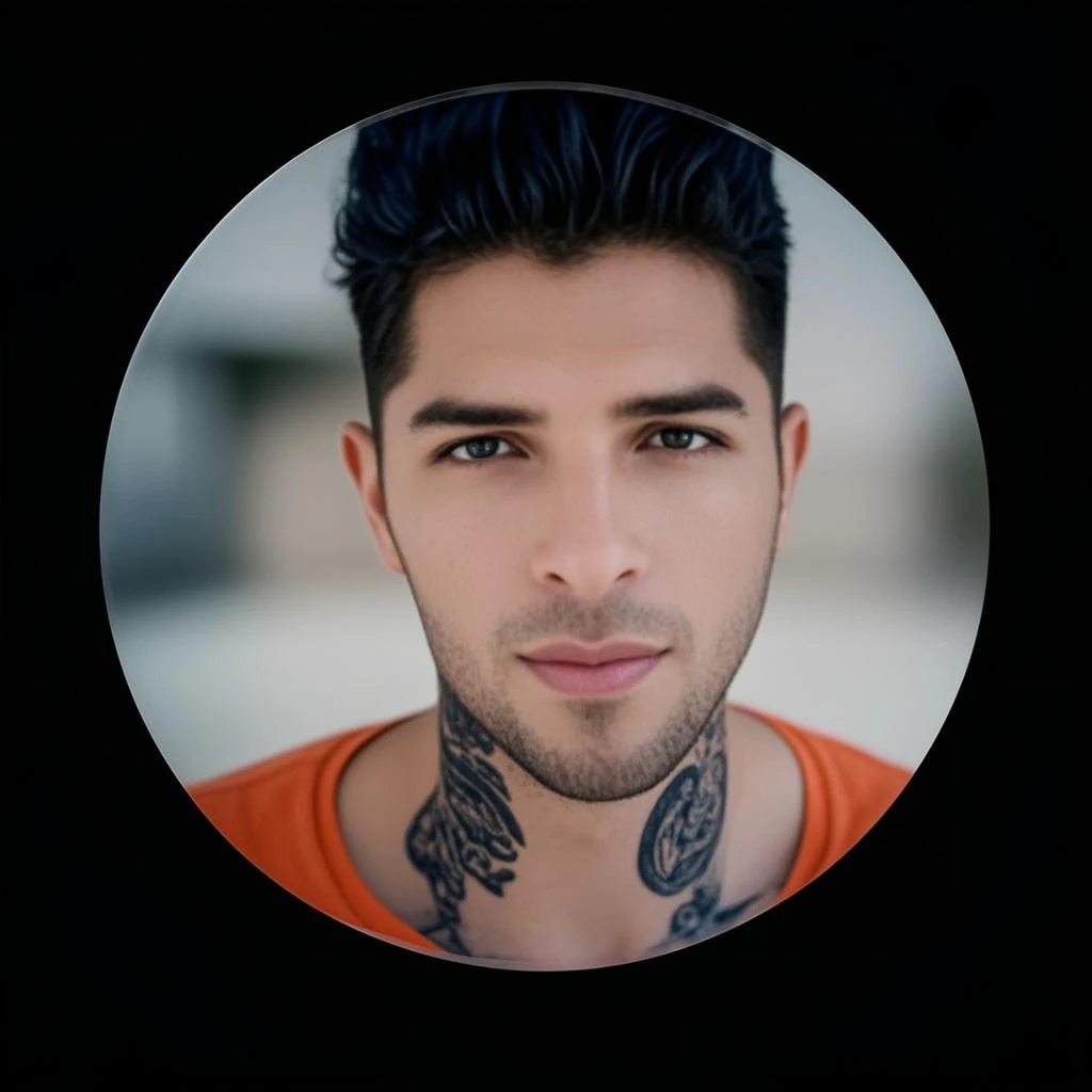 Young Handsome AI high quality realistic tattooed name ruy on neck muscular white skin tanned piercing gaze pink mouth with music bedroom background
