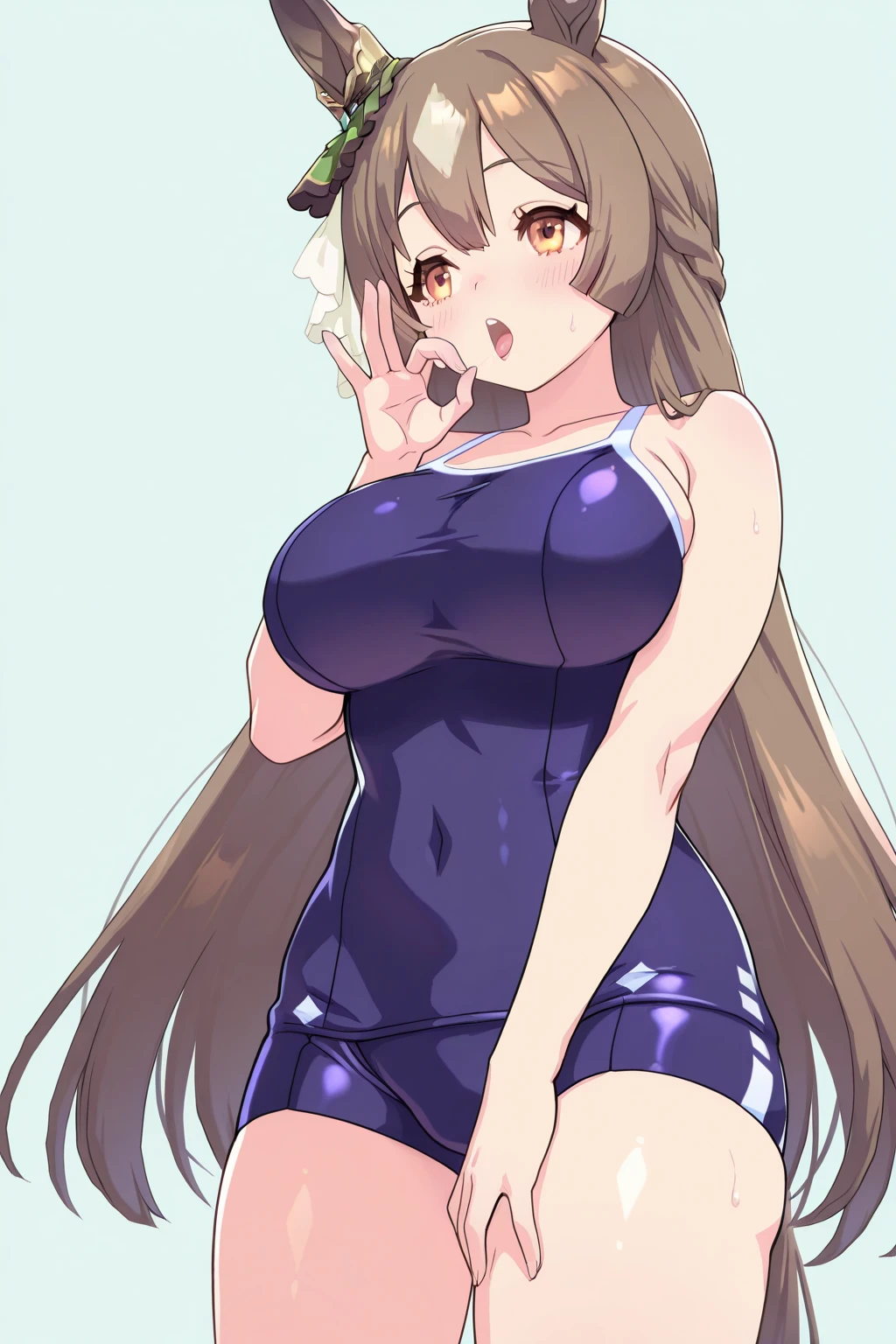 School Swimsuit、four years old、Short、Very large breasts、Huge breasts、whole body、Open your mouth、Long black hair、sit、Spread your legs、Raise your arms、hands back head、
