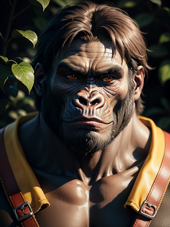 Strong orangutan,Authentic texture,spectacular,The expression is mighty,Black skin,muscle strong,There is a beard,Realistic details,Natural light,Natural scenes,In the greenery