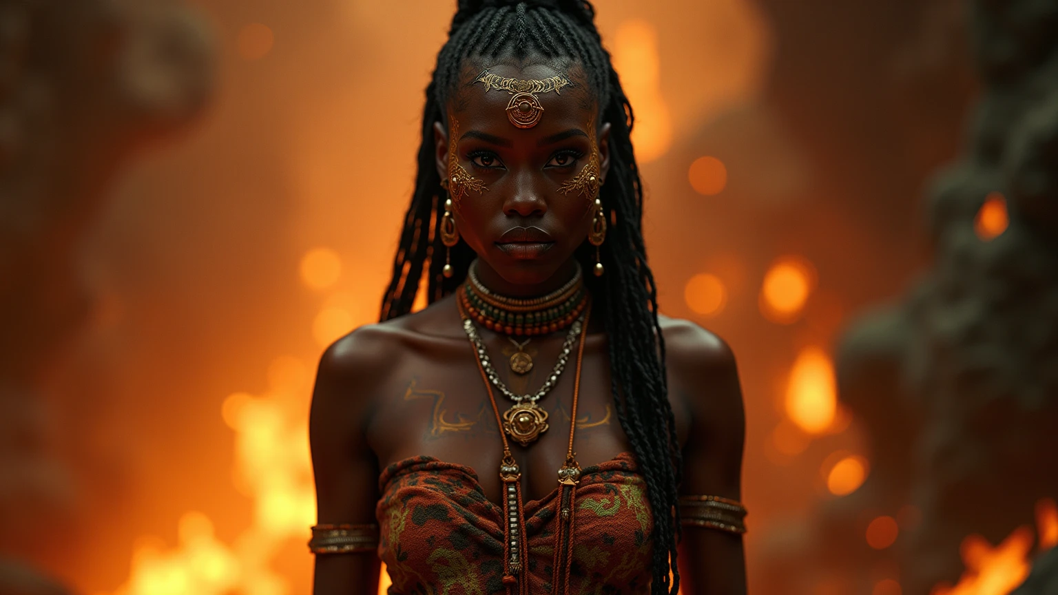 25 yo black woman, looking at viewer (((nude))) hoop earrings, bracelets, necklaces, small breasts, very short curly tomboy pixie hair, black skin, dark brown skin, curly hair, complete body, dragon tattoo on her leg, (((bright red lava flow for background)))