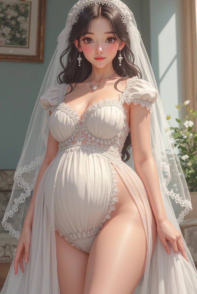 Night time,(Masterpiece), Best Quality, ultra-detailed, 1girl (eri, Slender and sexy body, pregnant, huge and pretty breasts, wide hips, brown hair, chignon, brown eyes, empty eye, spectacles), evil
face, smirk,parted lips, mascara, full makeup, red lipstick, facing viewer, looking at viewer, solo, white wedding dress, see-through dress, long dress, white veil,bouquet grab , bows, in the livingroom, standing, , Front view,Full-body