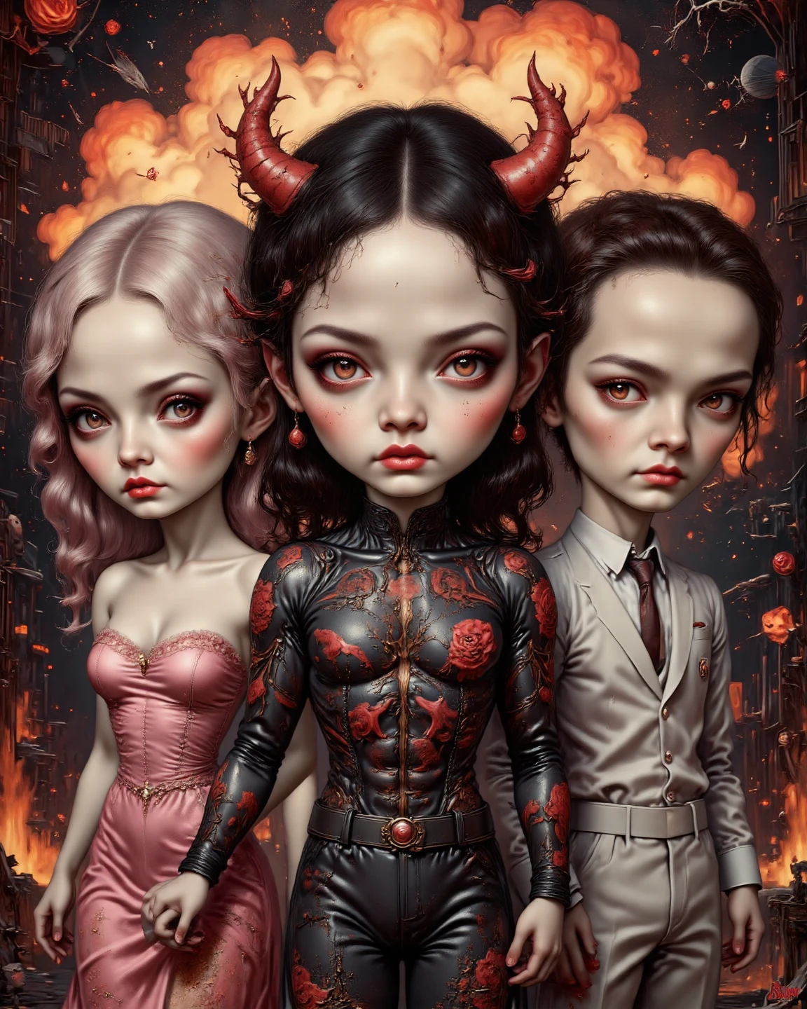 <lora:Mark Ryden Style:1>, <lora:V1nt4geKn0ck3rs_v2:0.5>, high quality, high resolution, masterpiece, looking at viewer, complex painting with many perspectives, Mark Ryden Style page, apocalypse, black plague, dystopia, extreme violence, fractals, evil girl with horns with big breasts, latex body suit, tsunami, laughing, whipping thousand of miserable men, on top of a pile of gold, terminators, nuclear bomb in the background, the world is on fire, the devil is watching in the sky, piles of money, mascara, earings, V1nt4geKn0ck3rs