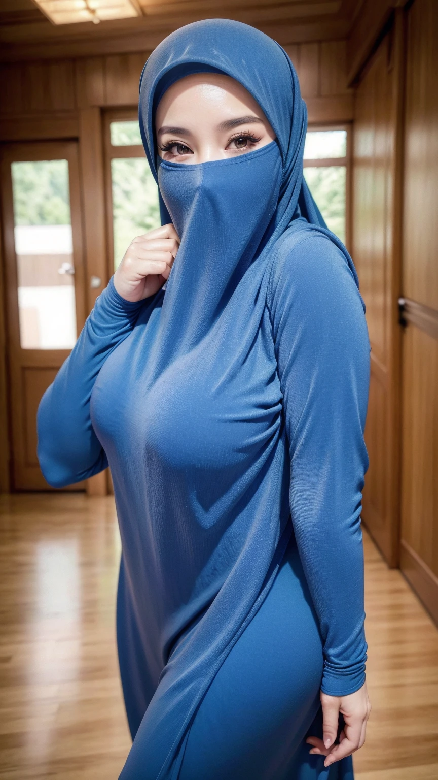 a beautiful young woman hijab, (((super big boob))), (very big breast covered), (Big boob), bare breast, perfect face, (((very huge big breast,))), ((( Big Boobs))) long dress muslim, (((covering mouth, long veil))), Slim Face、20 years old, stil young, Pretty Lady, smile eyes, stand up, (huge big breast covered) , see full body, outdoor.