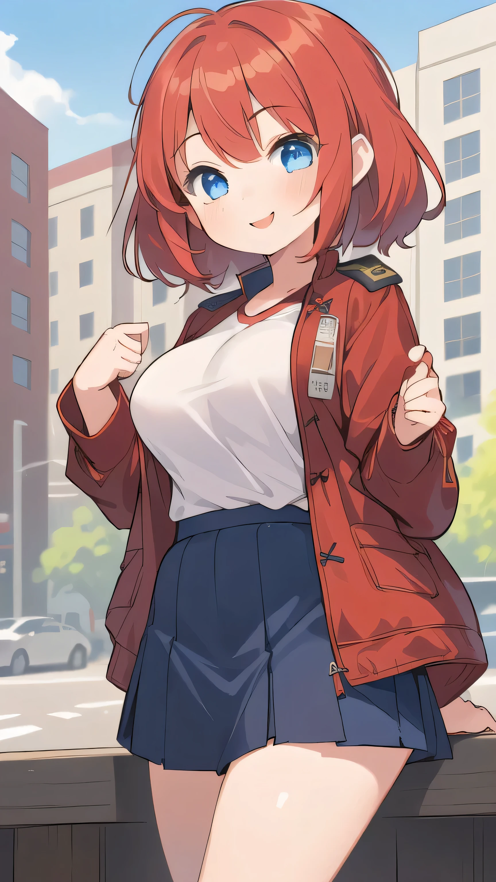 <lora:[Art Style] Dutchko:1>,
1girl, solo, dutchko, blue eyes, short messy red hair, large breasts, olive green jacket, (blue and white striped undershirt, spats:1.3), thigh highs, peace sign, 