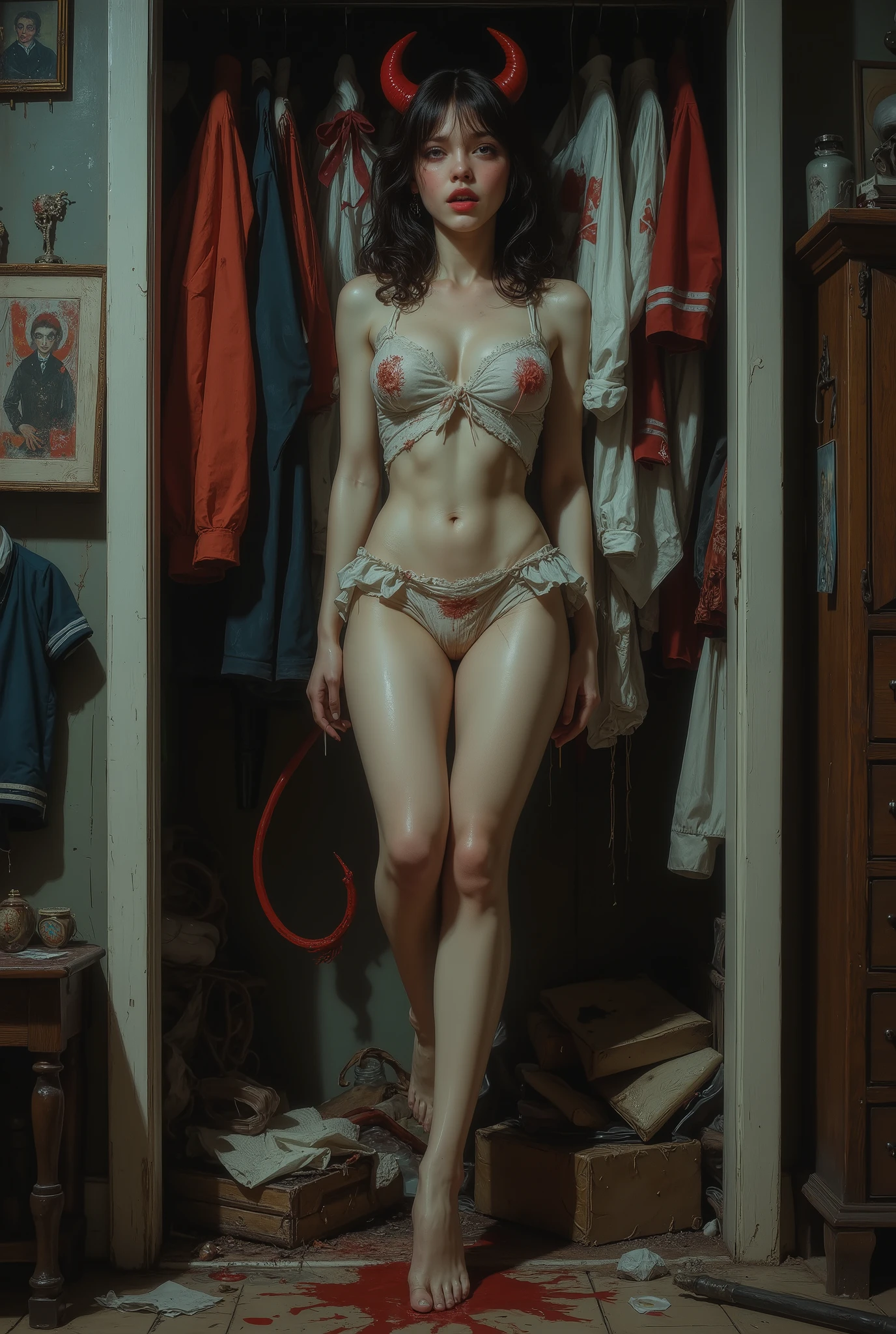 an anime girl in a devil outfit hanging dead in her closet