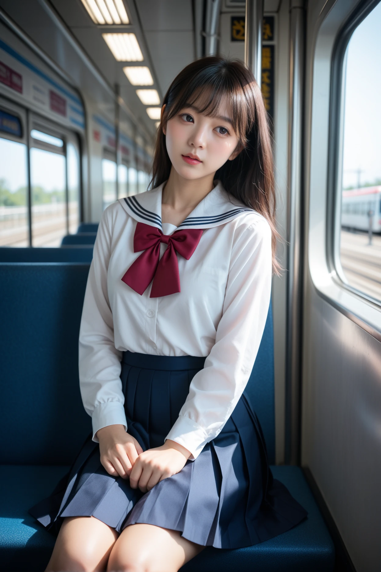 nsfw、BREAK Perfect Anatomy、Highest quality、(cute:1.1)、(cute)、(High resolution:1.2)、Unbelievably absurd:1.3、Incredible illustrations、(cuteイラスト:1.2)、(Beautiful background、Inside a crowded train)(1 girl) 、solo)、(10th Generation、JK、Loli face、Small breasts:1.2)、slender、、、、Eye highlights、embarrassed、、1girl(beret、Cotton shirt、Check skirt、school bag)( Turn your back、Sex preparation:1.2),Appealing pussy, (I put my hands on the door and turned around、lying on back), Inside the pussy, Vagina、pussy juice:1.2