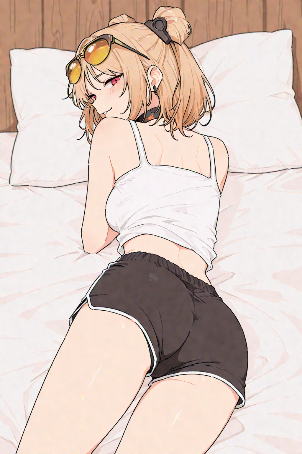 (Crossdresser),blonde low twintails,服の隙間Voyeur,On all fours,Voyeur,T-Shirts,Groin bulge