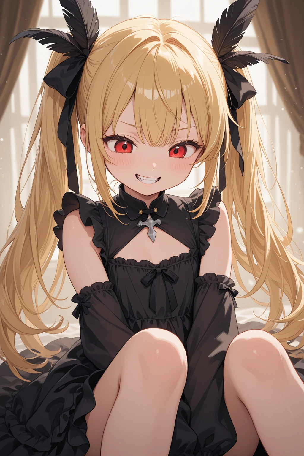 ((loli)), ((child)), ((petite)), flat chest, standing, solo, long messy twintails, blonde hair, red eyes, fangs, (fancy black/red vampire dress), short black skirt, black leggings, fishnets, ((skirt lift)), pussy, pussy juice, ((dark dungeon)), looking at viewer, cinematic lighting, volume lighting, bright tone, warm color, colorful, masterpiece, super detail, high quality, best quality, highres, 16k,