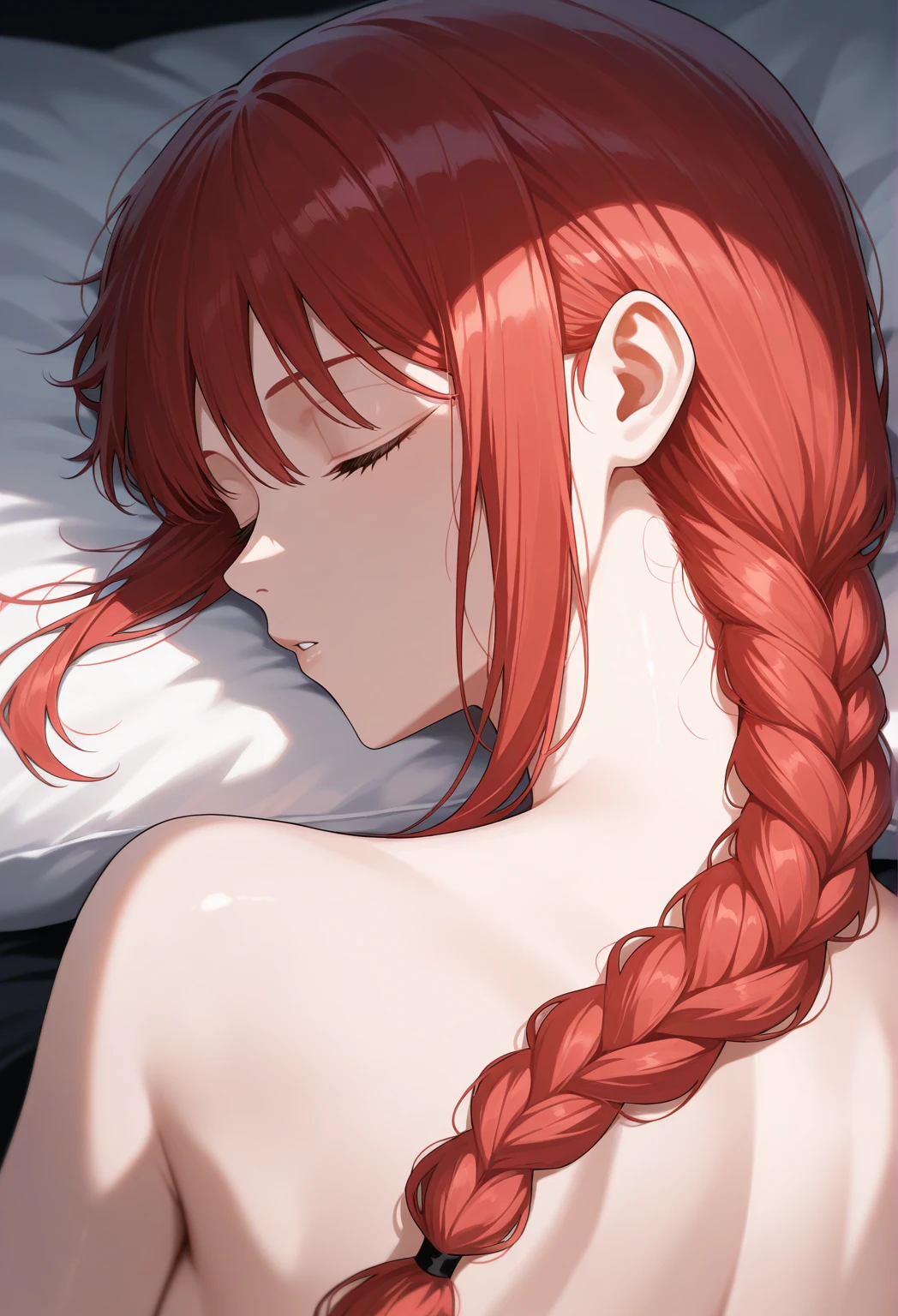 girl,The eyes are round,back,Braidinged ponytail,Braiding,Red eyes,No bra,bangs,whole body,Long Hair,Lips parted,spot color,Red Theme、Butt、Anal、Butt、feet、Put your hands together、、male