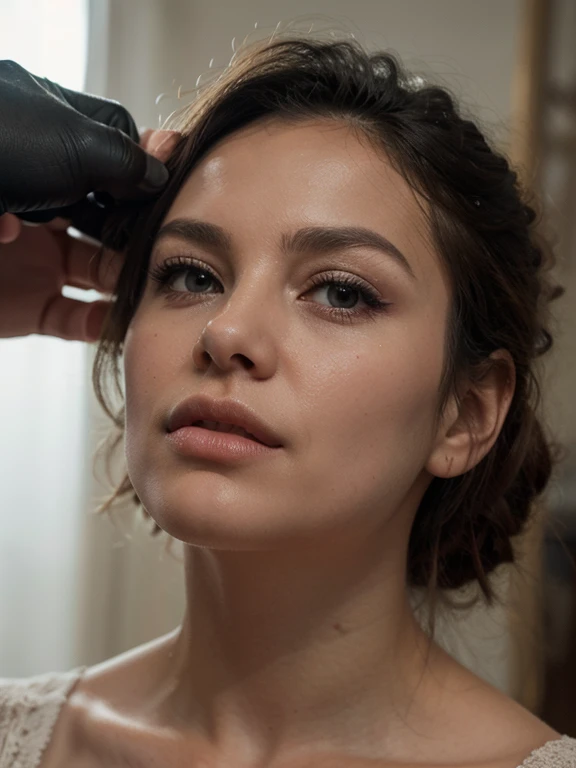 close up image of beautiful woman combing black hair with a brush, wearing a white top