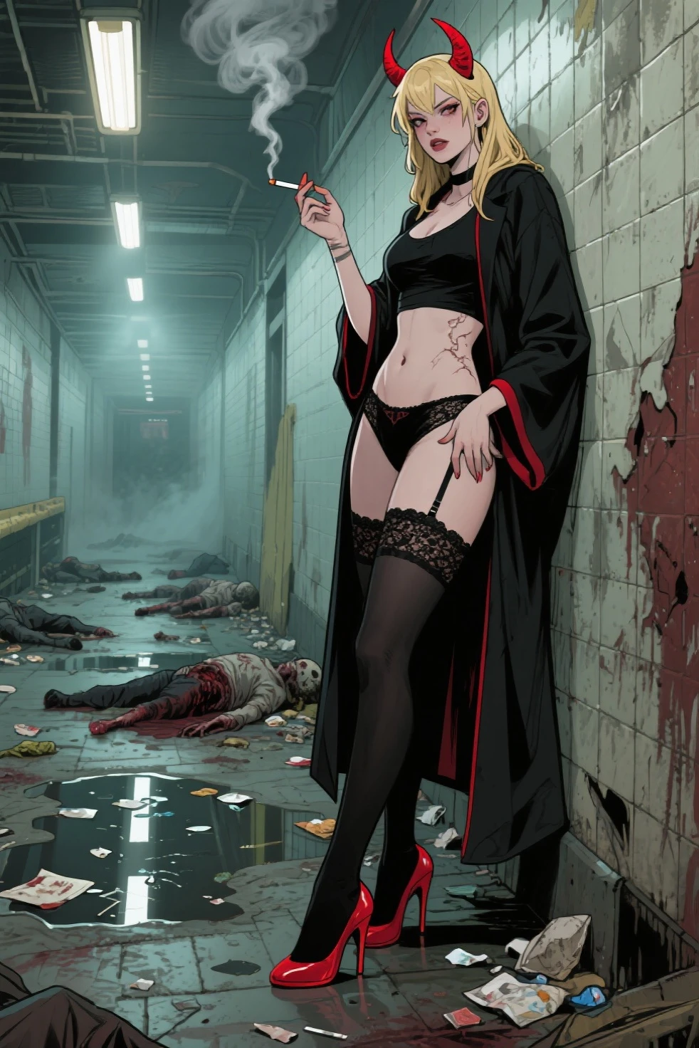 ((best quality)) , ((masterpiece)) , (detailed),1girl,Zombies, corrupt bodies, black blood, in the hospital,((full body))