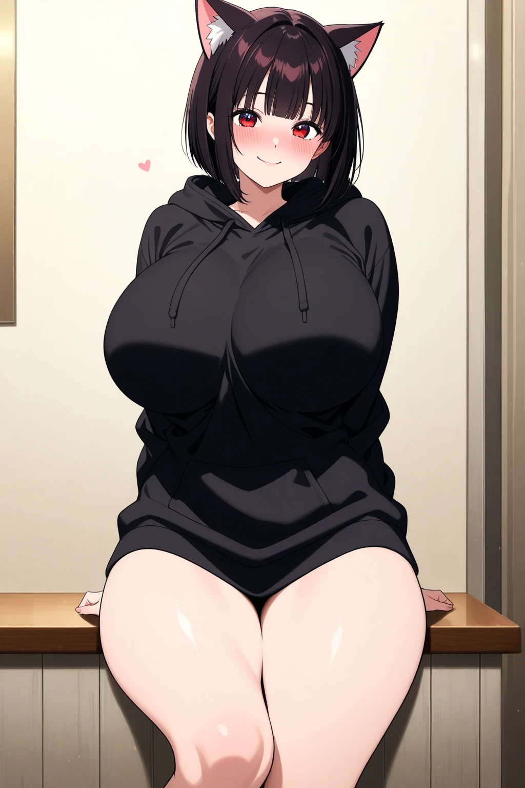 Masterpiece, high quality, best quality, beautiful, HD, perfect lighting, 4k, 1girl,(detailed body), (detailed legs), black hoodie with black shorts pants, brown hair, short messy hair, brown pupils, small curvy, (Huge breasts), big hips, slim abs, (expose breasts: 1.7), (expose pussy: 1.7), (glasses) , (coffe shop) (no pantis, no bra), squatting, open mouth, tongue out, (sweat body: 1.8), (one hand sign peace)