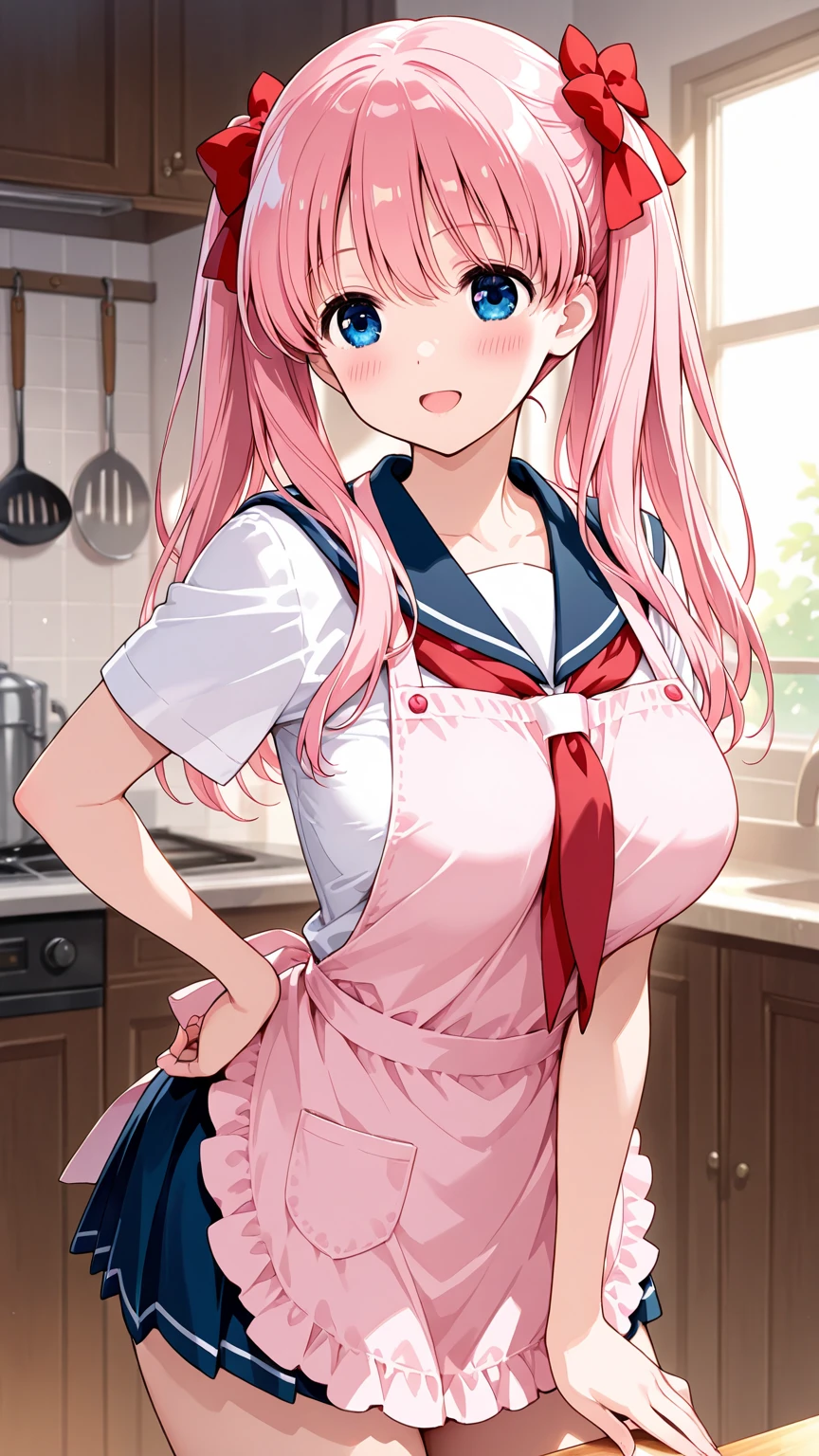 (masterpiece、highest quality、Super detailed)、((One woman))、((Pink Hair))、((Twin tails))、((Light blue eyes))、evil smile、((Grin))、Earrings、((Very large breasts))、((serafuku))、((panties))、((skirt lift))、Cowboy Shot、Shoot from below、Kitchen Background