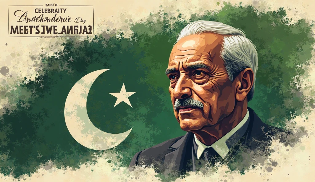 Create a digital illustration of Quaid-e-Azam Muhammad Ali Jinnah in a  set against the Pakistani flag. The artwork should evoke a sense of patriotism and pride, suitable for celebrating Pakistan’s Independence Day.