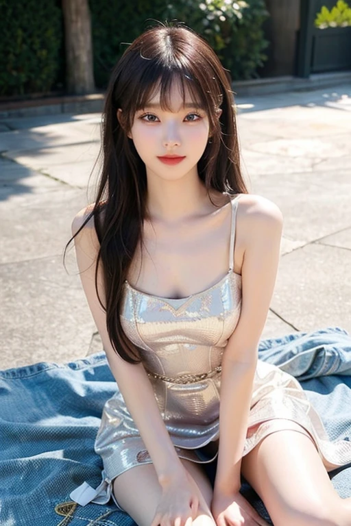She can wear a brightly colored dress，Shoulder-length hair with bangs，The eyes are clear and agile，Curious。Wear some cute accessories
