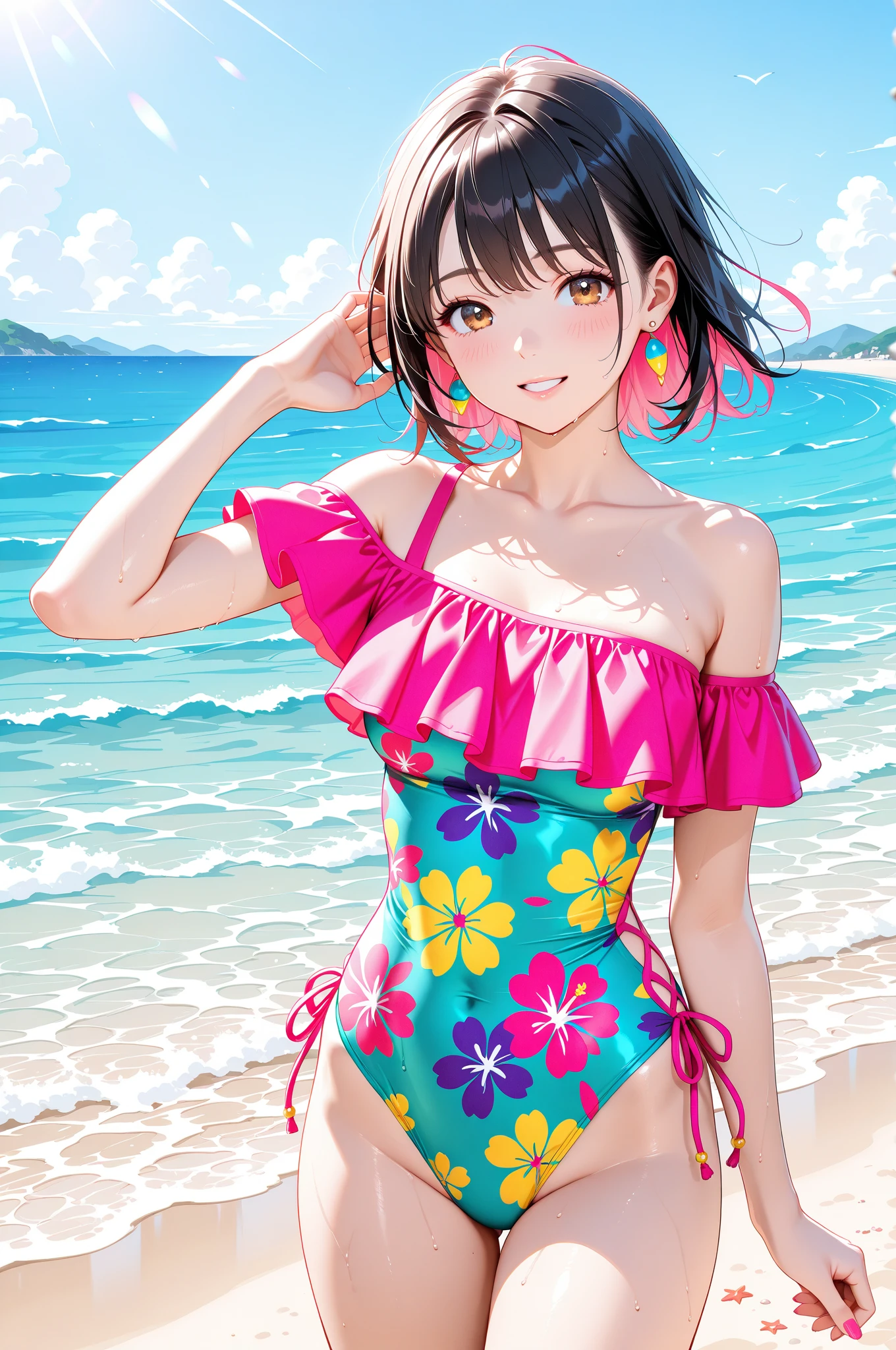 Highest quality、High resolution、Detailed Background、(Beautiful face in every detail:1.4)、Anatomically correct、Hide your fingers、(Detailed facial expressions)、Teenage beauty、(Highly detailed face:1.4)、cute hair color、Brown Hair、Black Hair、Braided bob cut、Braided Ponytail、Braided twin tails、well-groomed eyebrows、A big smile、Uplifting、Cute gestures、A fun atmosphere、

Summer sun、Shining Sea、Small footprint、Walking on the beach、
Enjoy splashing around on the shore、Take off your sandals and jump into the sea、Running around holding hands with friends、
The sea breeze makes my heart feel light、Smiling and innocent play、Endless blue sky and sea、Everlasting summer memories、

(Two girls playing innocently on the beach:1.5)、

Vivid color frill bikini、Cute frilled bikini、We recommend vivid colors such as bright pink and blue.、
Striped one-piece swimsuit、Sporty and casual atmosphere、Short length or A-line style、
Ribbon design tankini、Tankini with ribbon on the tank top、It is both cute and sporty.、Pair your bottoms with shorts、
Bikini with flower print、Floral and tropical bikinis、A glamorous and feminine impression、Even though the design is simple, the pattern creates a cute look.、cute