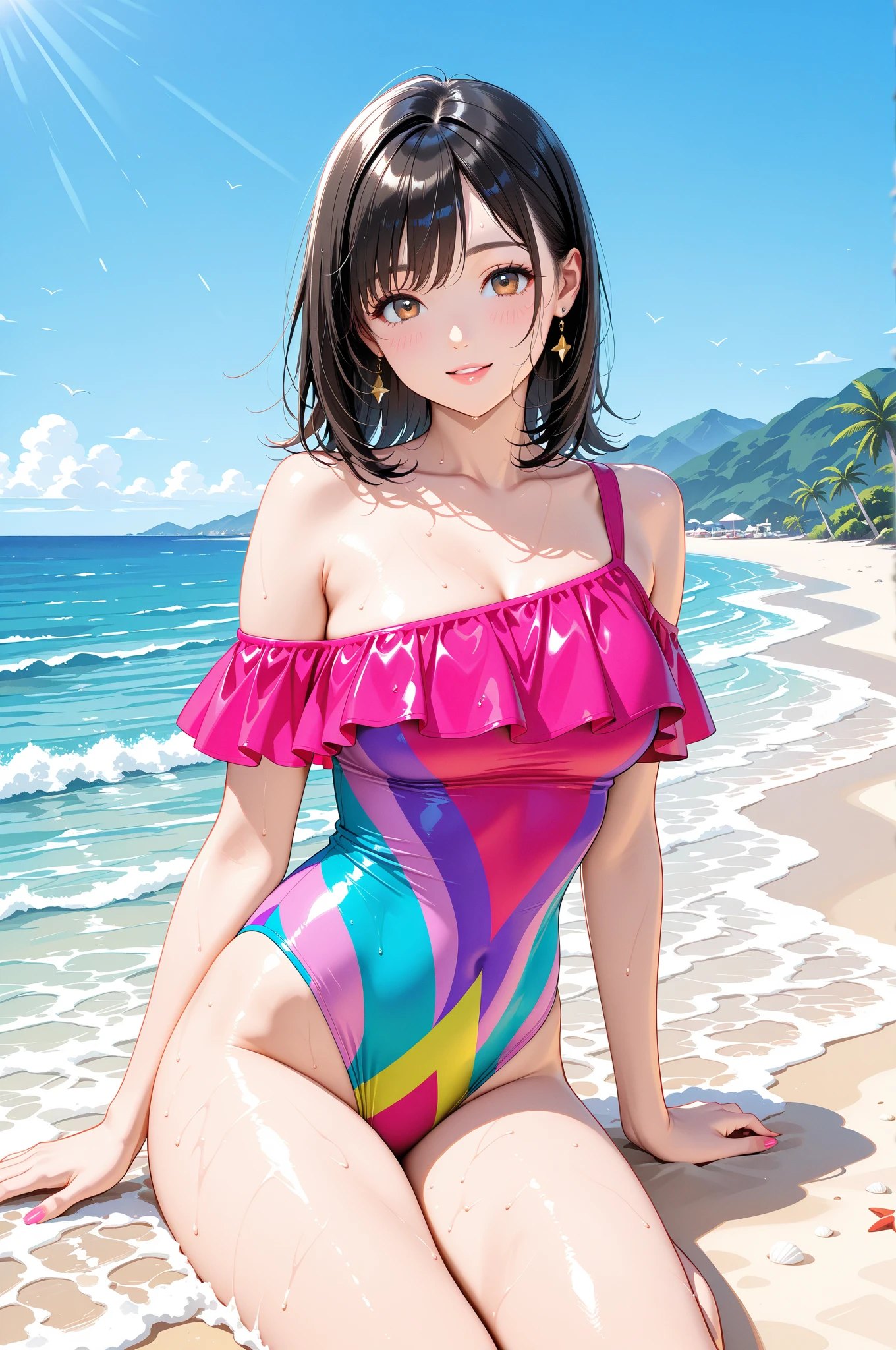 araffed woman in a pink and orange bikini on the beach, is wearing a swimsuit, monokini, swimsuit, swimsuit model, pink body, bathing suit, wearing pearl neon bikini, wet swimsuit, one piece, official, instagram model, wearing two - piece swimsuit, psychedelic swimsuit, bikini model, 7 2 0 p, 720p, neon vibes