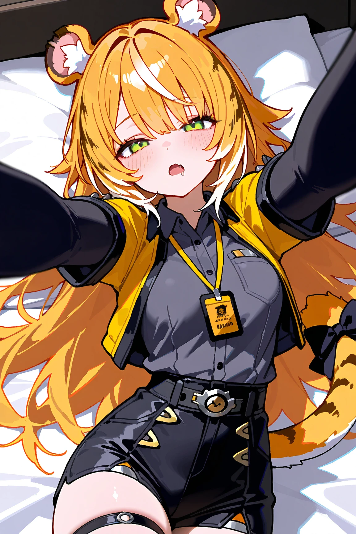 short sleeves, black gloves, collared shirt, belt, elbow gloves, fingerless gloves, open jacket, black shirt, short shorts, thigh strap, black shorts, grey shirt, cropped jacket, shirt tucked in, yellow jacket, id card, high-waist shorts, 1girl, solo, blonde hair, medium breasts, green eyes, white hair, multicolored hair, orange hair, two-tone hair, streaked hair, animal ear fluff, tail ornament, tiger ears, tiger tail, tiger girl, tiger stripes, very long hair, fang, (masterpiece:1.2, best quality, ultra-detailed, score_9, anime_screencap, 1girl, solo_focus, Ju_Fufu, Zenless_Zone_Zero, lying_on_bed, seductive_pose, arms_reaching_out, half_lidded_eyes, drooling, blushing_face, open_mouth, inviting_expression, flushed_cheeks, looking_at_viewer, want_to_be_hugged, tousled_hair, disheveled_appearance, cinematic_lighting, soft_bed, hyperdetailed, sharp_focus, perfect_face, detailed_hands, intricate_details, detailed_background)
