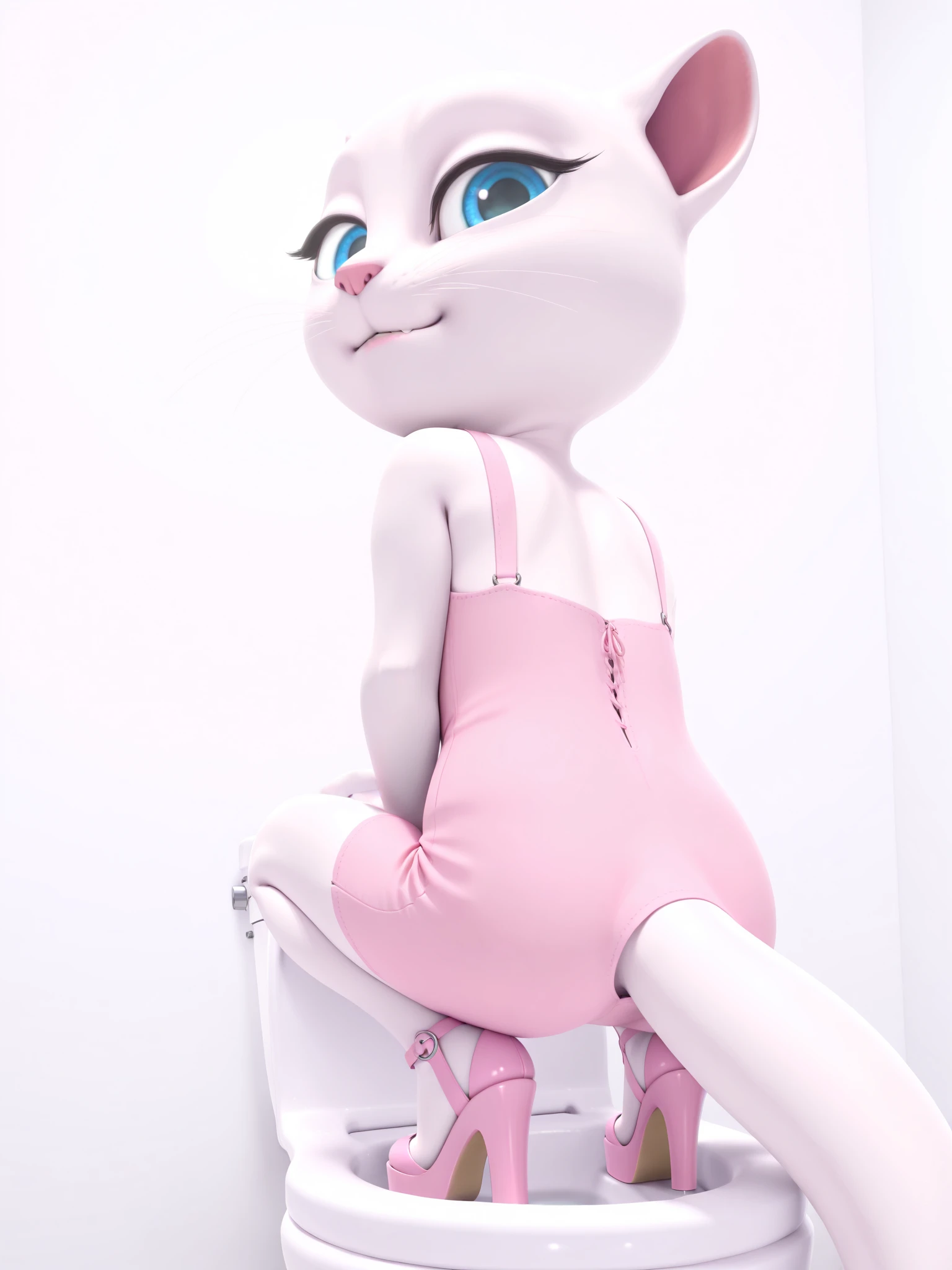 solo focus, a_la, 1girl, cat, white fur, long whiskers on both sides of the face, big bright blue eyes, big black eyelashes, pink nose, triangular ears with pink channels, high heels, pink panties pulled down.  The woman's legs are together, her hands are on her ass, and 1 man person. looking at the viewer.  Bottom view of her ass with focus on atl. The woman squats on the ground and has sex with the man's penis in her ass.