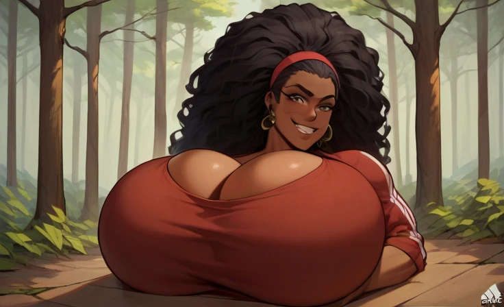 carmessi, 1girl, thick thighs, thighs, breasts, solo, underwear, multicolored hair, panties, jewelry, bracelet, english text, dark skin, streaked hair, curvy, long hair, smile, dark-skinned female, brand name imitation, black hair, highleg panties, red hair, thong, highleg, sweat, clothes writing, black panties, two-tone hair, shirt, plump, looking at viewer, navel, large breasts, grin, sitting, huge breasts, wide hips, t-shirt, g-string, drawn by Carmessi,( huge ass, giant tits, wide hips, , hyper ass, hyper thighs) , cowboy shot (ass expansion), magical girl