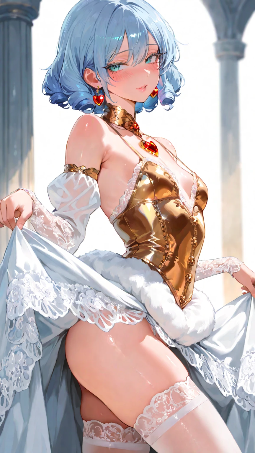 8K, Ultra High Definition, Super detailed, Shiny detailed hair, detailed face, fantasy landscape, solo, looking at viewer, {{best quality}}, {{masterpiece}}, {{ultra-detailed}}, {detailed light}, ultra high quality eyes, detailed eyes, perfect eyes, large eyes, purple eyes, blue hair, short hair, horns, beautiful, skinny body, white skin, slutty, erotic, blushing, standing in suggestive pose