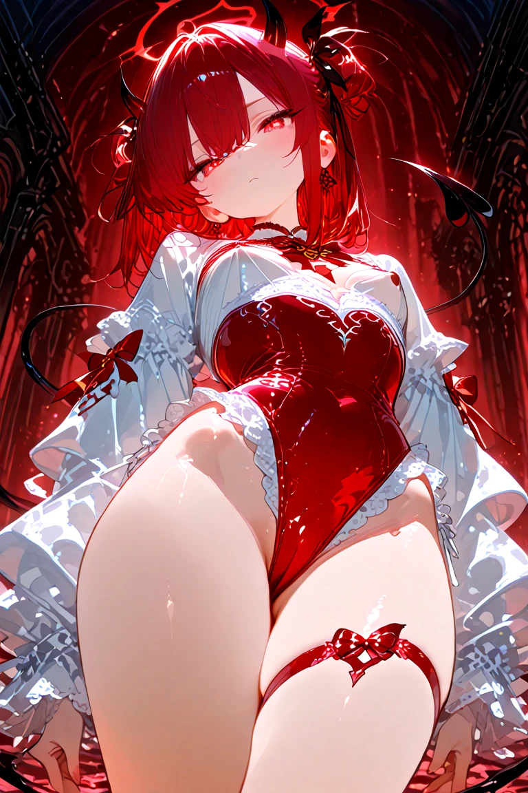 Image of a bed with red light in a room, Atmospheric red lighting, red neon light, red neon lights, red neon, Illuminated from below with red lighting, red-lighting, luces LED rojas, LEDs rojos, Detailed red lighting, neon ambient lighting, Neon accent lights, Tiras de luz LED, Luz ambiental infrarroja, red and cinematic lighting, sexy girl, (night:1) (crawling on the bed:1), bedroom, (lights off:1.2), (completely in the dark:1.2), (red light:1), sexy gaze,(wedding outfit:1.5), pasion
