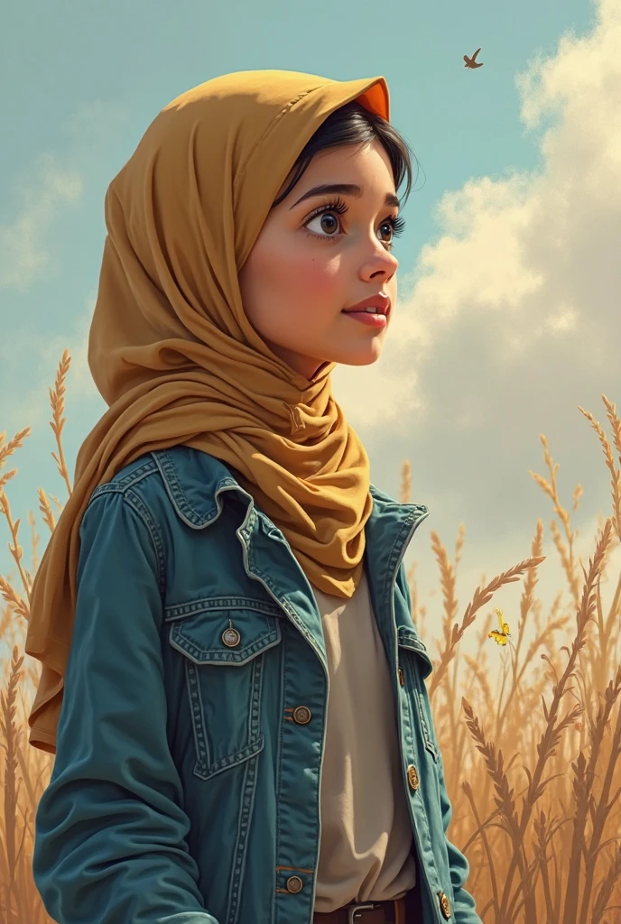 a curvy, chubby woman wearing a hijab and blouse and long skirt, wearing sneakers, sitting relaxed in the grassland the dry, barren sky and clouds are visible