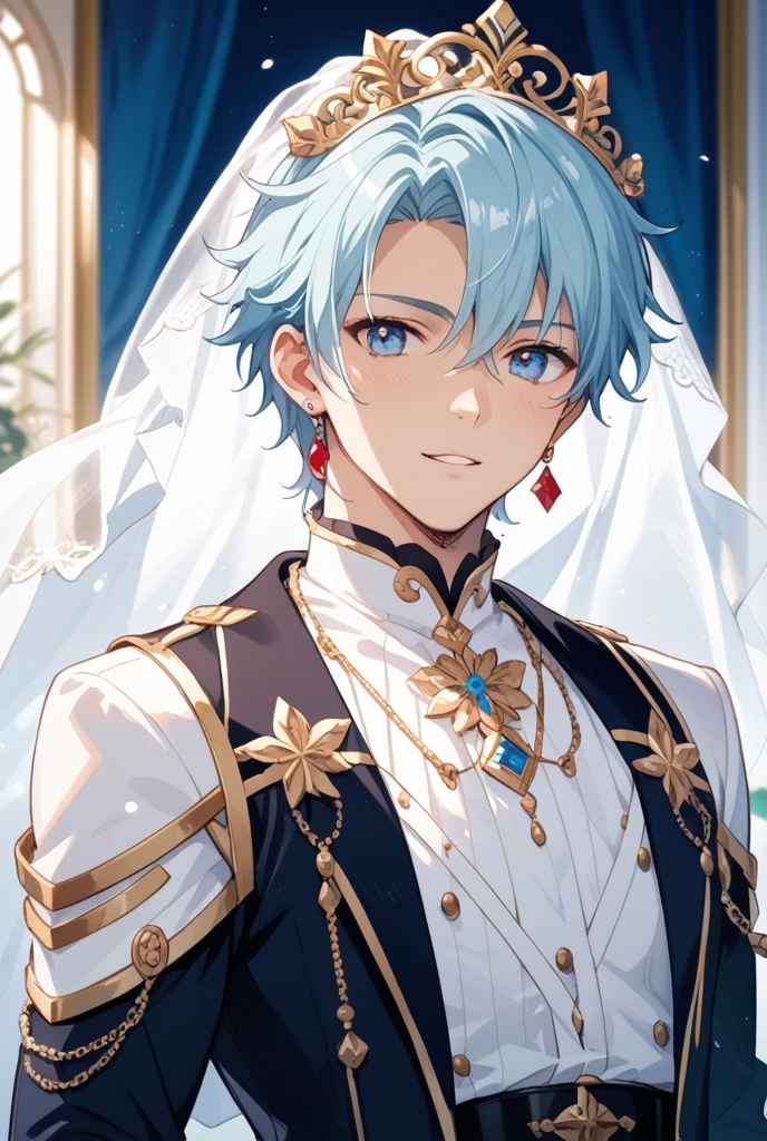 absurdres, highres, ultra detailed, HDR, master piece, best quality, perfect face, beautiful eyes, delicate features, Gojou Satoru, white hair, expressive blue eyes, white eyelashes, Jujutsu Kaisen, solo, sexy man, handsome, horny, erotic, bedlah clothes, white veil, white pants, luxurious room, bed, red curtains, petals, Nu Carnival