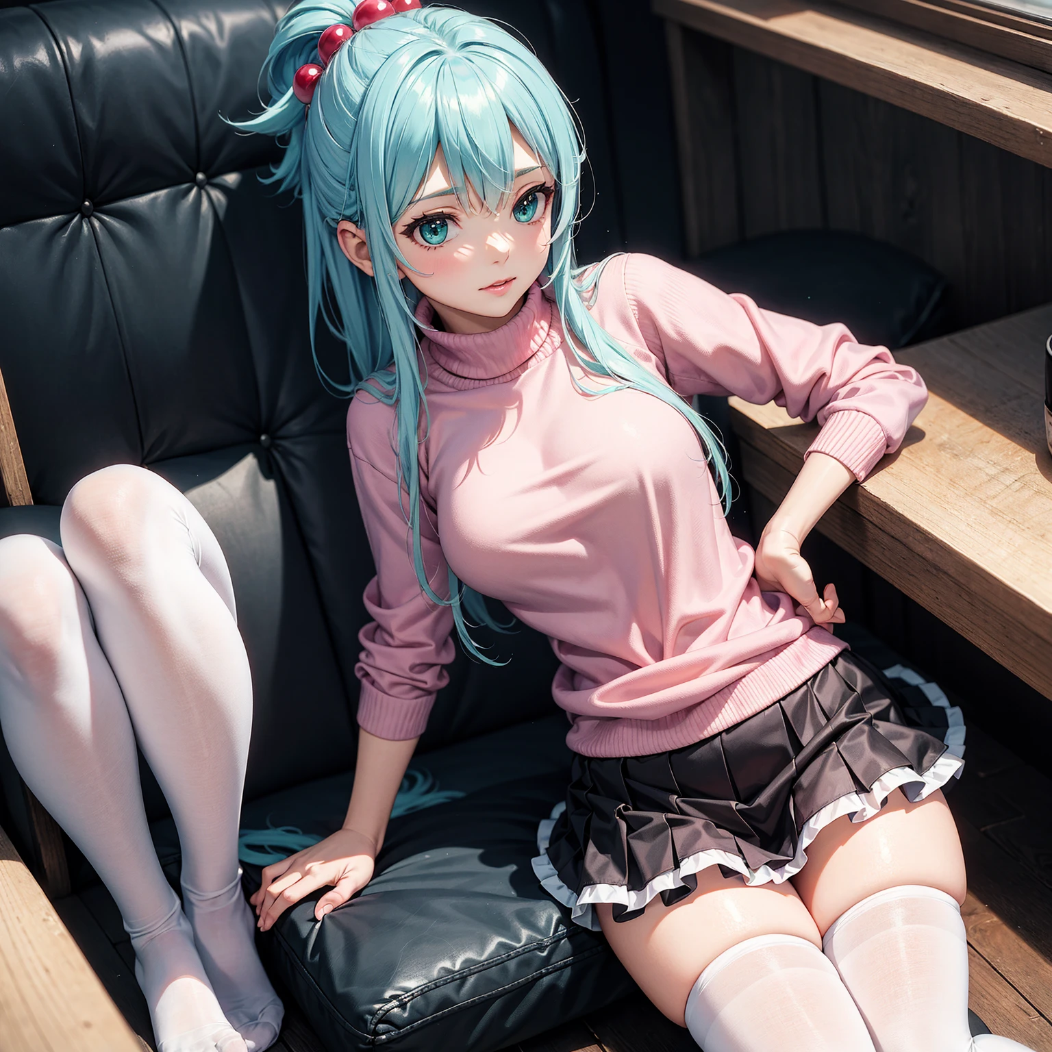 best quality, masterpiece, photorealistic, 1girl, 15 years old, Beautiful face, (photo realistic:1.3), rim lighting, (high detailed skin:1.2), 8k uhd, dslr, high quality, high resolution, 4k, 8k, Bokeh, absurdres, best ratio four finger and one thumb, (realistic:1.3), cute 1girl, 1girl laying on a bed, a cute girl, very beautiful cosplay girl, anime style 4 k, beautiful cosplayer, ultra hd 8K, , ({minato aqua Cosplay}, {Cosplay of Aqua Minato hololive}, {hololive}, {Vtuber cosplay}), ({pink haired with light blue highlight hairstyle, pink hair}, {beautiful hair,} {realistic hair}), ({pink eyes}, {beautiful eyes}, {simetrical eyes}, {best proportion}, {Gently smile}, {natural make up}, {Cute Face}), ({best anatomy, best leg anatomy, best, hand anatomy}, {medium breast}, {wearing white sweater}, {White sweater}, {Wearing black legging}, {Black Legging}) ({Bed}, {white bed}, {Looking up, view from above})