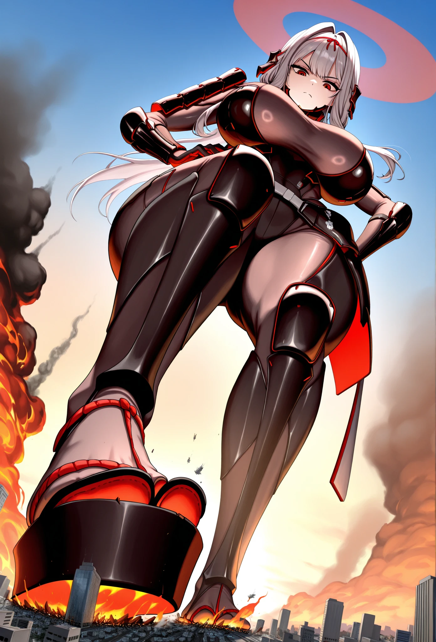 female, silver long hair, red eyes, (((1girl))), (((red sling bikini))), (black heeled sandals), cute and sexy, full body, huge breasts, huge butt, long legs, smiling