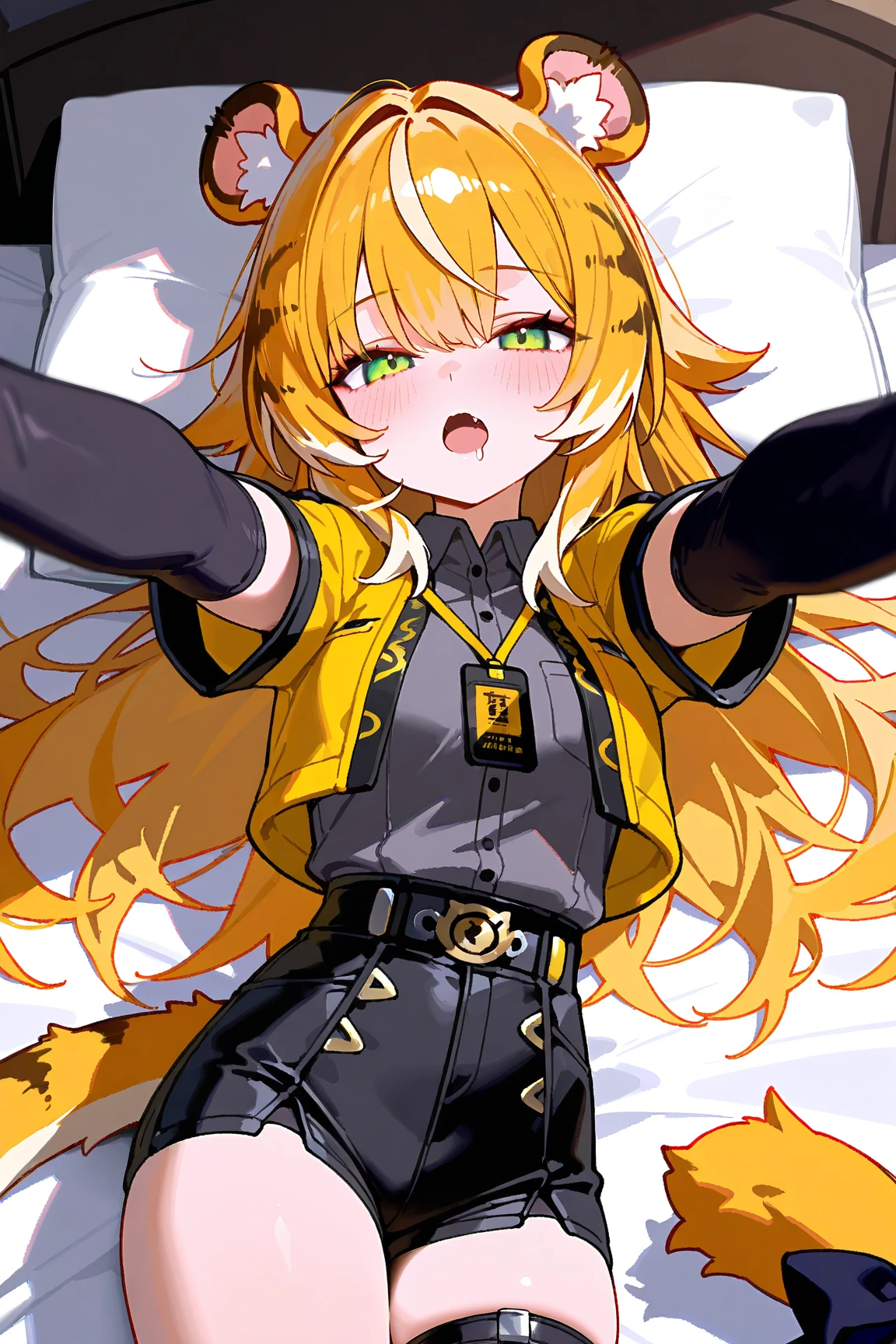 short sleeves, black gloves, collared shirt, belt, elbow gloves, fingerless gloves, open jacket, black shirt, short shorts, thigh strap, black shorts, grey shirt, cropped jacket, shirt tucked in, yellow jacket, id card, high-waist shorts, 1girl, solo, blonde hair, medium breasts, green eyes, white hair, multicolored hair, orange hair, two-tone hair, streaked hair, animal ear fluff, tail ornament, tiger ears, tiger tail, tiger girl, tiger stripes, very long hair, fang,
(masterpiece:1.2, best quality, ultra-detailed, score_9, anime_screencap, 1girl, solo_focus, Ju_Fufu, Zenless_Zone_Zero, lying_on_bed, seductive_pose, arms_reaching_out, half_lidded_eyes, drooling, blushing_face, open_mouth, inviting_expression, flushed_cheeks, looking_at_viewer, want_to_be_hugged, tousled_hair, disheveled_appearance, dark_bedroom, moody_lighting, dim_lights, deep_shadows, night_ambience, sensual_atmosphere, cinematic_lighting, soft_bed, hyperdetailed, sharp_focus, perfect_face, detailed_hands, intricate_details, detailed_background)