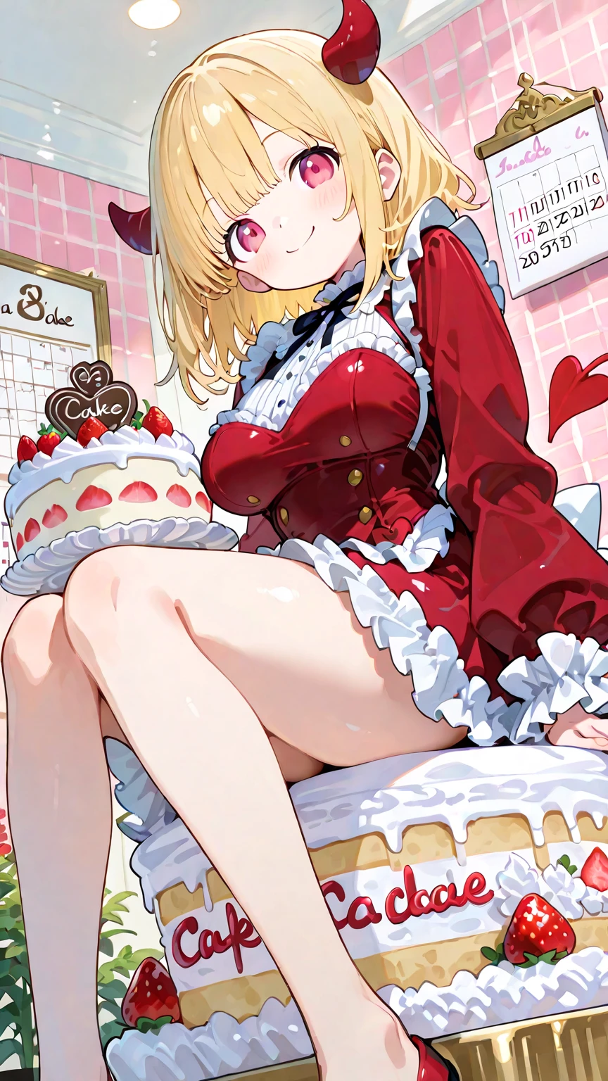 1 girl, small nose, very beautiful detailed face and eyes, bright colors, cute face, delicate beautiful face, Bright magenta eyes, cute eyes, sparkling eyes, Big eyes, (small breasts:1.3), (perky chest:1.1), (pointed chest:1.0), (cake magazine cover:1.3),highest quality, WorKs of masters, High resolution, Blonde color hair,shiny hair, side ponytail,hair between eyes,bangs, (black jacket, real clothes, cleavage, black skirts, black thighhighs, thigh strap, fingerless gloves, single glove:1.2) , spread legs, panties shot, medium hips, glamorous body, white skin, smile, thin pubric hair, super beautiful face, Super beautiful eyes, Super beautiful hair,trendy outfit,sexy and attractive,full body esbian, Real World, Natural light,perfect Natural light,(with sparkling eyes and a contagious smile), This masterpiece is not only visually stunning but also tells, make of cake cooking , in the kitchen, open mouth, looking at viewer,