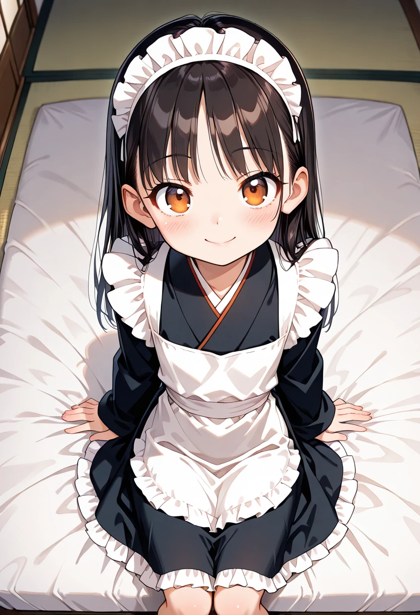 masterpiece,best Quality,ultra detailed,early anime style, Angle from below, 1girl, faded face, cute, kawaii, solo, pale pink and simple nurse costume,white lae tights, mischievous smile, beautiful brown eyes,pale black hair braid, all fours, leaning forward, (foreshortening:1.1), reach hand, at night, dark, strong lighting, backlighting, in hospital, Clinic room, bed, pyramid head, 