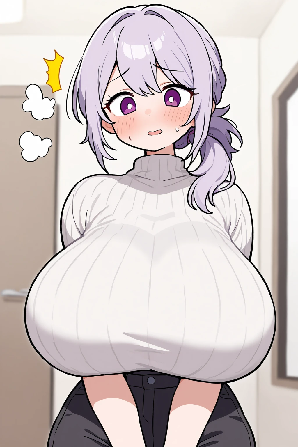 masterpiece,high resolution,high quality,Cat porridge,One girl, 一人in, (Firm breasts, Huge breasts:1.25), blush, notice, From the side, Oversized naked t-shirt, foot, Bathroom, looking_Away, standing, Covered nipples, (leaning:-0.6), No pants, Closed_mouth, Expressionless, (See-through silhouette, sink), (mirror, stomach, Fat, muffin top:0.7), adjusting hair, tying hair, hand_in_hair, arms behind head, , 