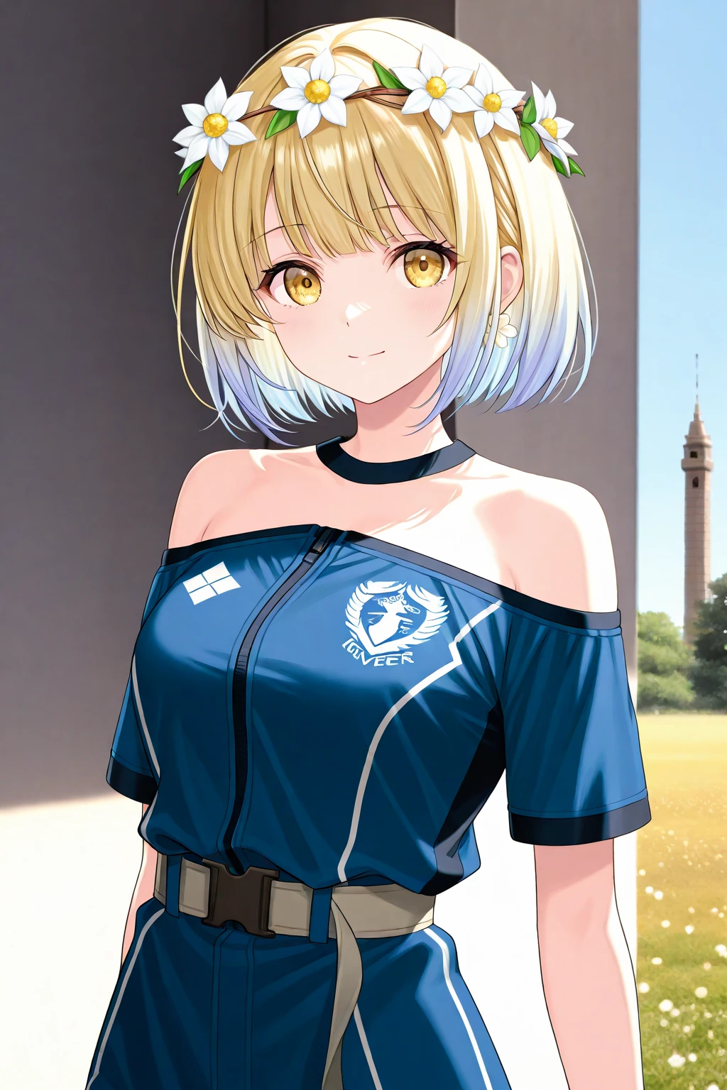 creates a 25-year-old anime girl with tight black leather pants and a red tank top, blonde hair with blue eyes in a farm landscape