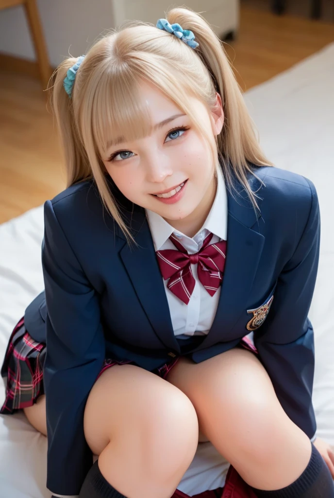 Browsing Caution、8k,highest quality, masterpiece, Very detailed, Ultra-high resolution, Realistic, RAW Photos, , Absolute Resolution, Complete limbs、Complete Anatomy、Perfect beautiful skin、pretty girl1人,Cute girl 、、(smile:1.3)、、(School Uniform:1.1)、(Short sleeve white collar shirt:1.1)、bow tie 、、(Tartan check micro mini skirt:1.1)、、(Accentuate your thighs:1.3)、、、(blonde:1.2)、、、pretty girl、 , Realistic young gravure idol, Japanese Girls、、alone、classroom、(kneeling:1.3)、(From above:1.3)、