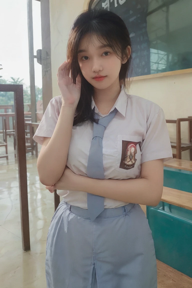 RAW, Best quality, high resolution, masterpiece: 1.3), Beautiful girl, seductive pose, showing breast, open legs showing vagina, sensual body, on a top of table of class room, ((senior high school clothes)), orgasm, highres, 4k, HDR, 1girl, photorealistic, realistic, small breasts, ((whole body)) turning away facial at viewer, closeup, class-room, misty,