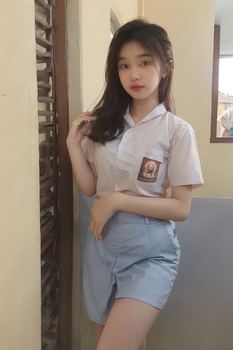 ((Best quality, Masterpiece, 8K)), 17 years old Indonesian girl. Sitting chair. Open crossing leg. Wear Indonesian high . White shirt, gray skirt. Black belt. Beauty, half layered hair. Standing. Scream. Full body. White panties. Visible panties. View on camera