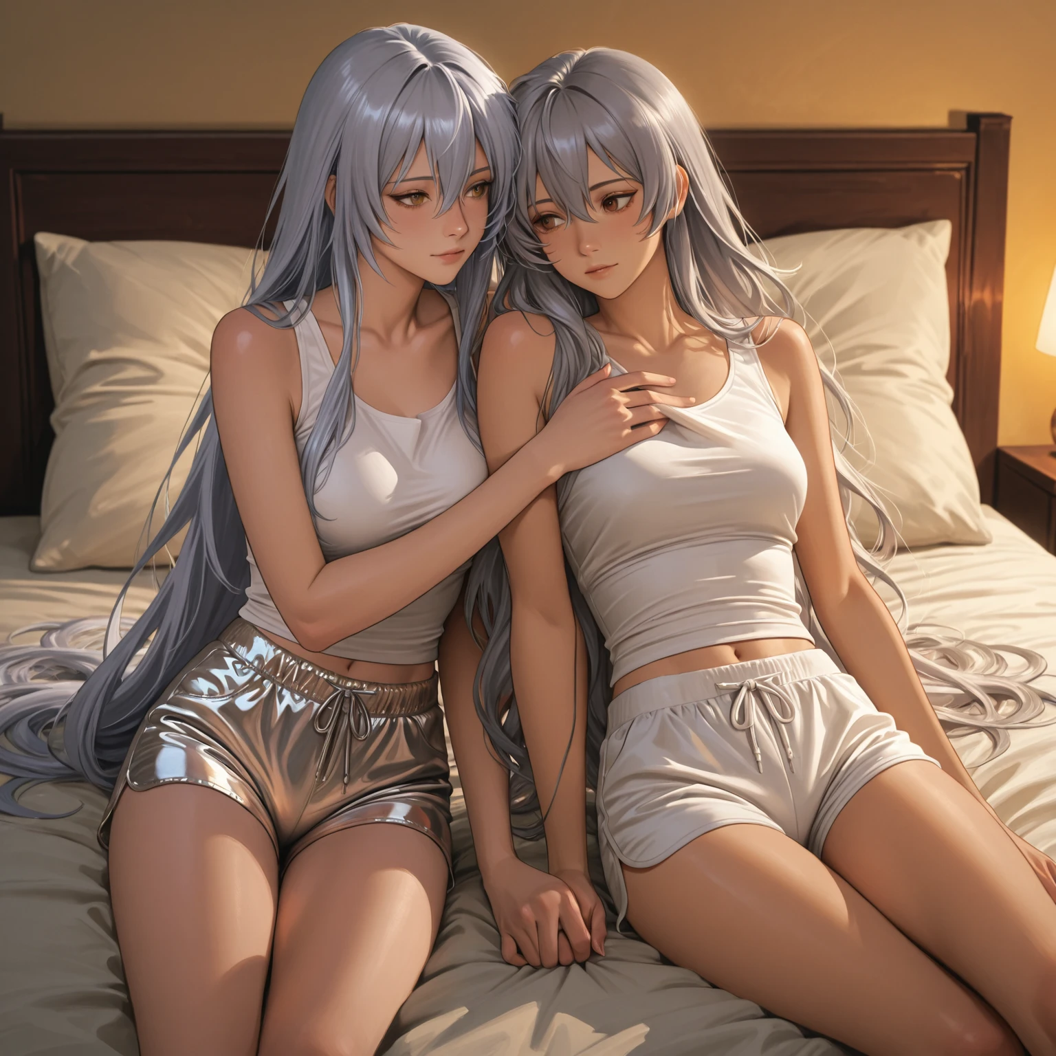 (2 girls:1.9), (2 girls hugging:1.5),(Huddle together:1.5), (Lying on a luxury bed:1.5), (Swimsuit:1.5)、(Butt:1.5), (2 girls:1.5), (Holding hands:1.5)、(crying:1.5),(masterpiece, Highest quality:1.2), (cowboy shot:1.3), (Highest quality: 1.5), ((Intensive、Close Contact:1.5)), (masterpiece: 1.5), (2.5D)、8k, Official Art, RAW Photos, (((Skin glowing with oil:1.3)))、(A lot of milk all over my body:1.5)、 (best quality:1.2), (arms up, open legs:1.3), ((Sad:1.3))、(Beautiful night view, Huge windows, Luxury bed:1.3)、Soft Light, Beautiful and slim,Lift your hips high, Elegant and sexy, ((((Wet)))), 