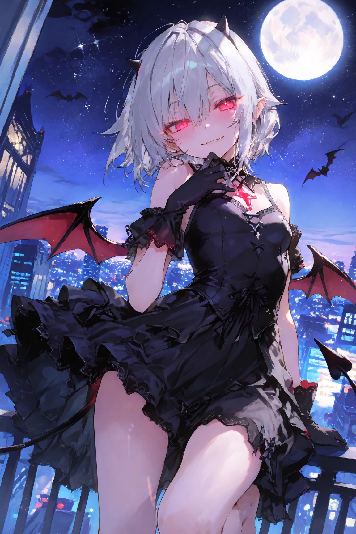 masterpiece, best quality, 1girl, solo, bangs, short hair, white hair, red eyes, grin, horns on the sides of her head, small wings, black pointy tail, small breasts, black choker black camisole, short frilly camisole, black skirt, short skirt, sheer thigh highs, black high heels,, , looking at viewer, cowboyshot