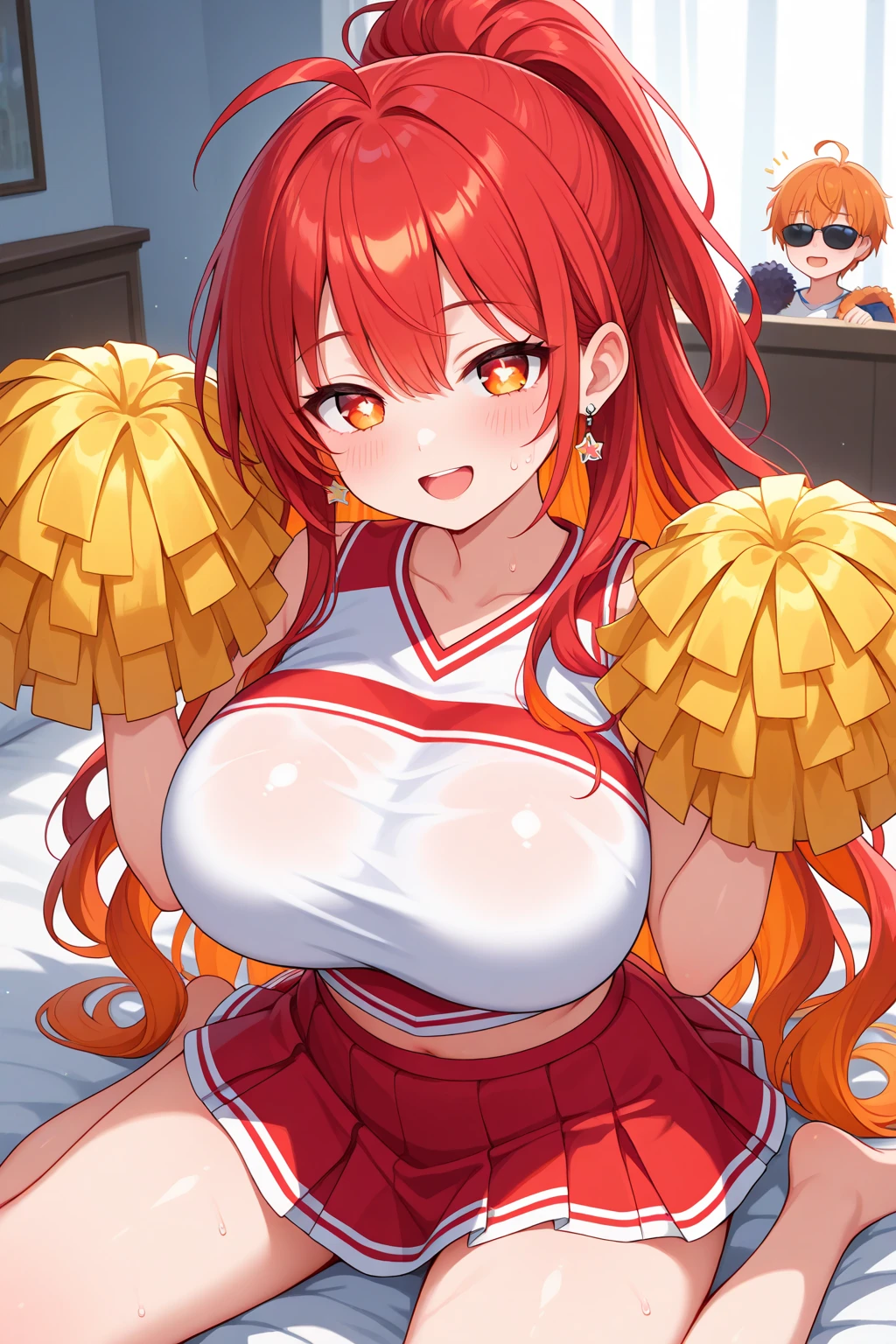 1girl,fujiwara chika, {{kaguya-sama wa kokurasetai ~ tensai-tachi no renai zunousen~}}, {{official art}}, highly detailed,best quality, very thin line, clear lines, hetero, nipples,very large breasts, censored, mosaic censoring, seductive smile, fun,open mouth, straddling, solo focus, sweat, looking at viewer,breasts out, bangs, collarbone, seductive smile, fun,anime visual of a cute girl,breasts out,bikini bottom aside, breasts out, anime best girl,nipples, bangs, breasts out, looking at viewer,breasts,official artwork, offcial art,cum on breasts, official artwork, high detailed official artwork, cum in pussy, cheerleader, hetero, pom pom (cheerleading), skirt, breasts, censored, 1boy, penis, sex, nipples, vaginal, navel, cum in pussy, cum, mosaic censoring, girl on top, pussy, open mouth, miniskirt, squatting cowgirl position, cowgirl position, looking at viewer, spread legs, straddling, solo focus, crop top, pov, bare shoulders, blue eyes,black bow